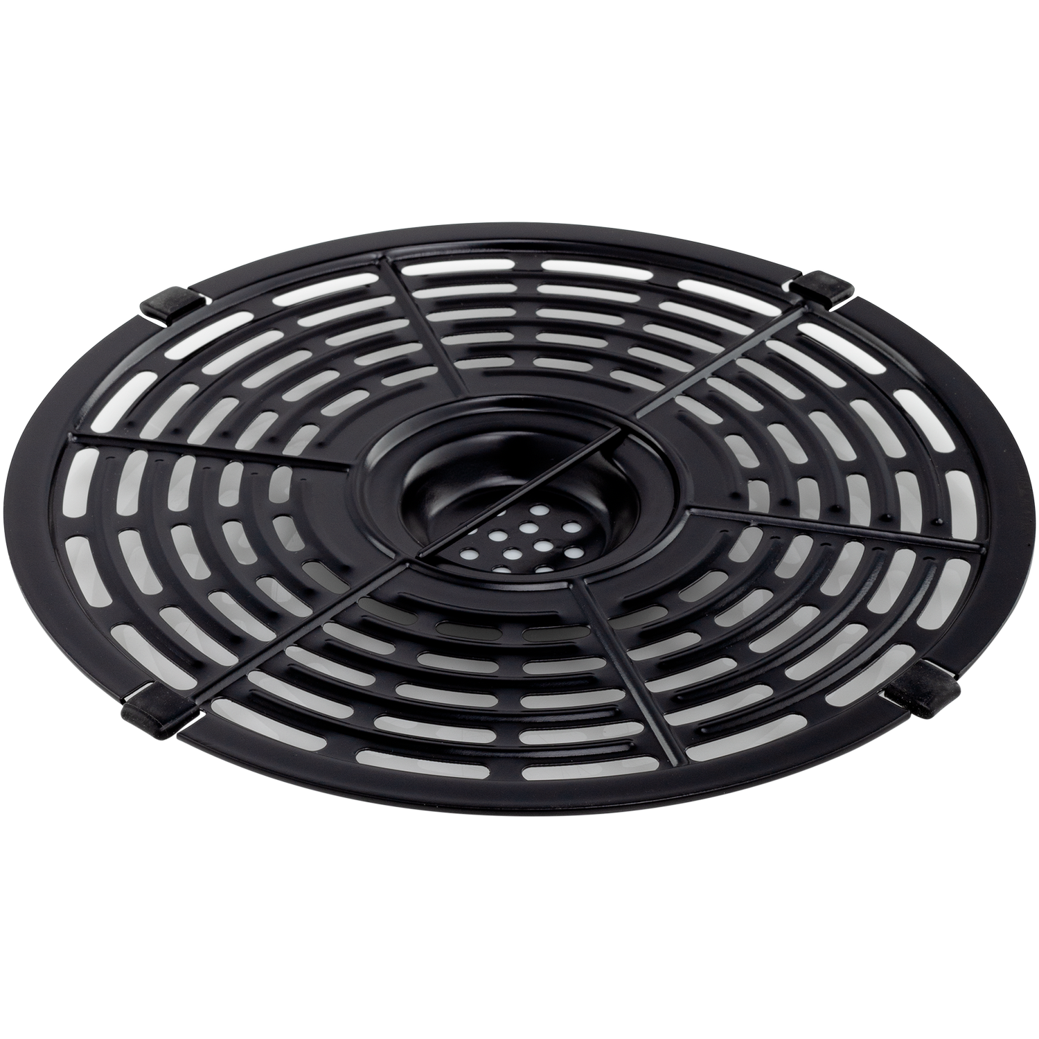 Una cesta de freidora de aire negra con forma circular y diseño perforado.