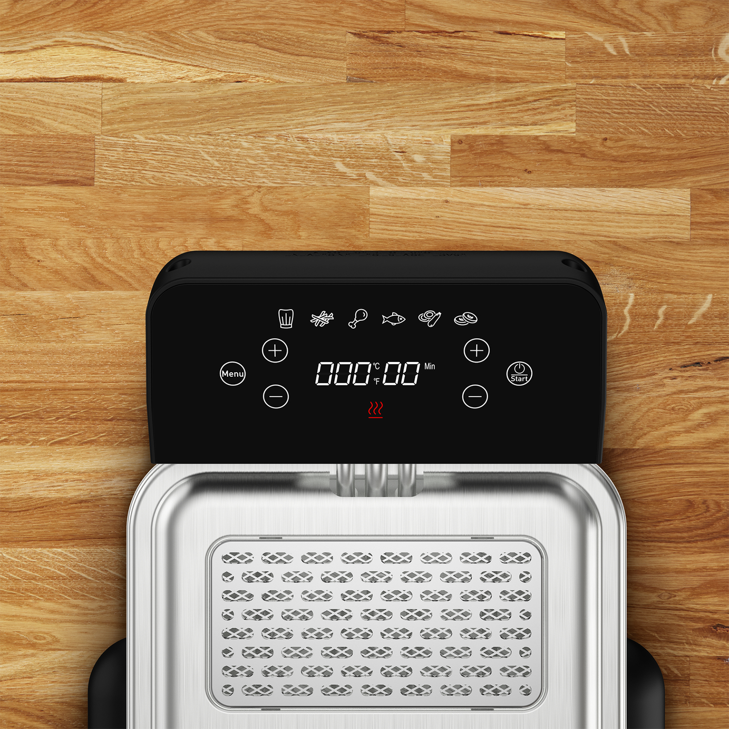 Czarny panel sterowania frytkownicy na drewnianej powierzchni, pokazujący temperaturę i ustawienia timera.