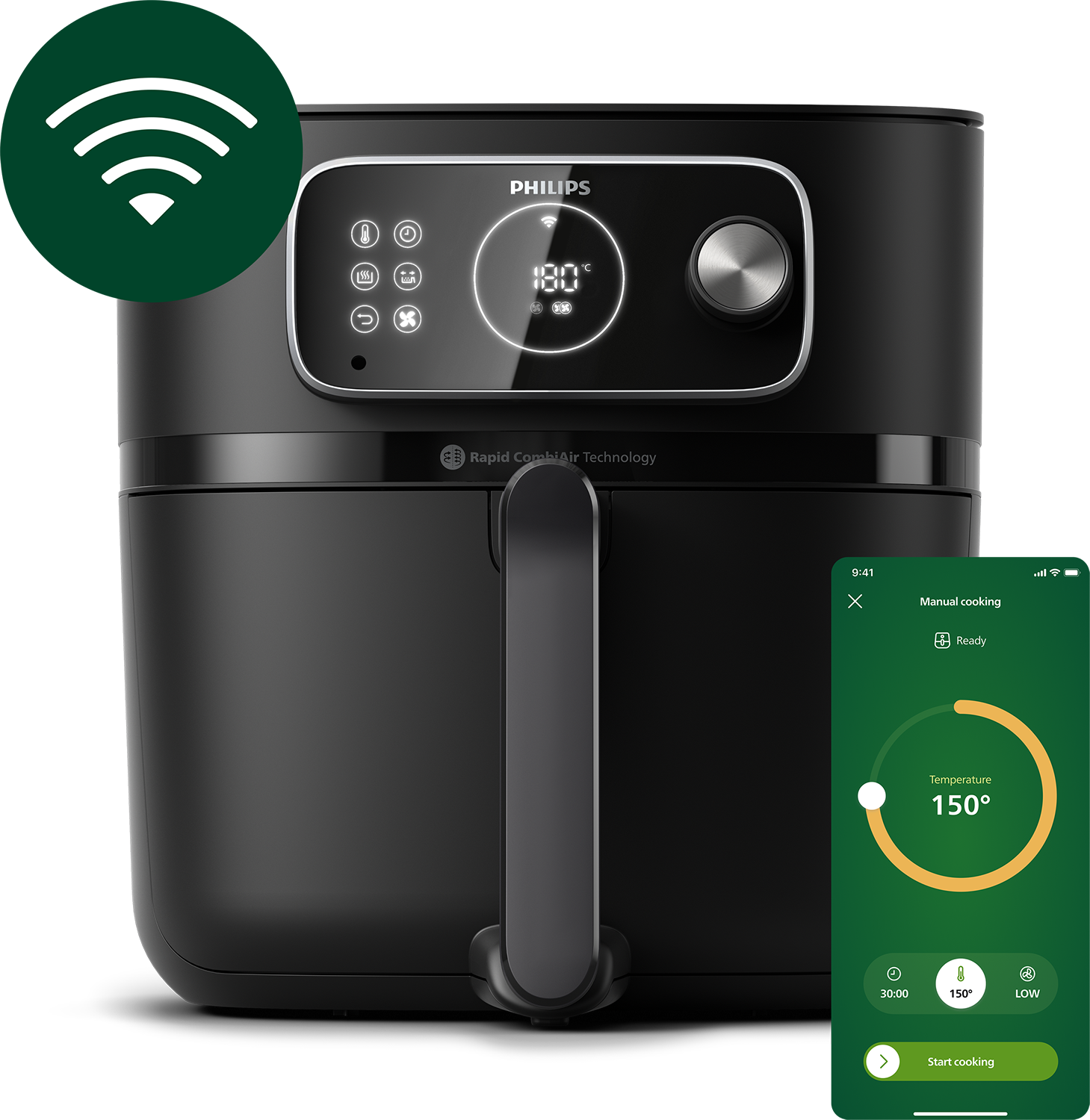 Schwarze Heißluftfritteuse mit Digitalanzeige und App. Ein Smartphone zeigt die Einstellungen.