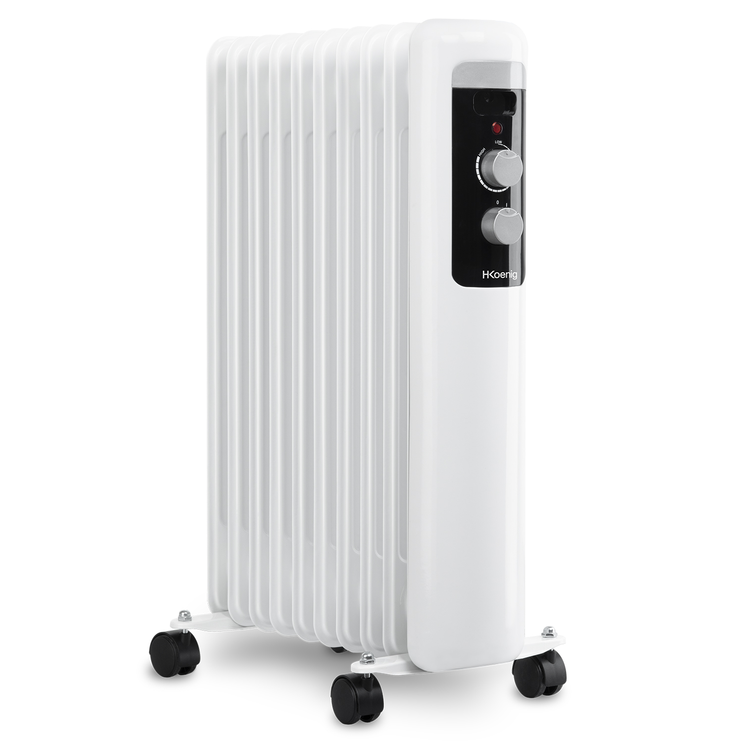 Termosifone ad olio bianco con comandi e ruote neri. Sfondo bianco.