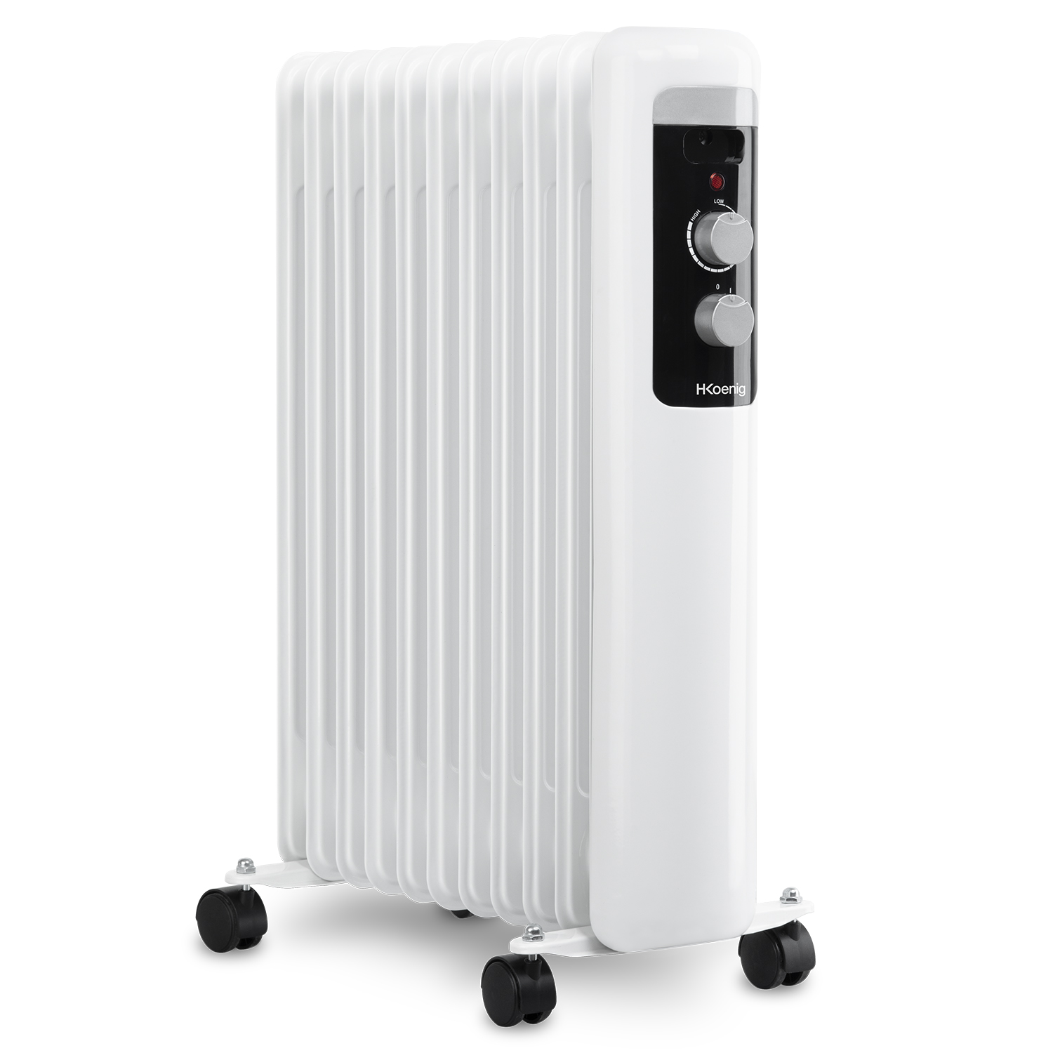 Termosifone elettrico bianco con pannello di controllo nero e ruote.