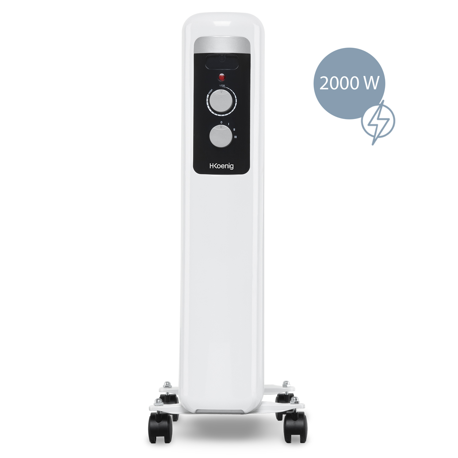 Termosifone a olio bianco con comandi e ruote, etichetta 2000W.