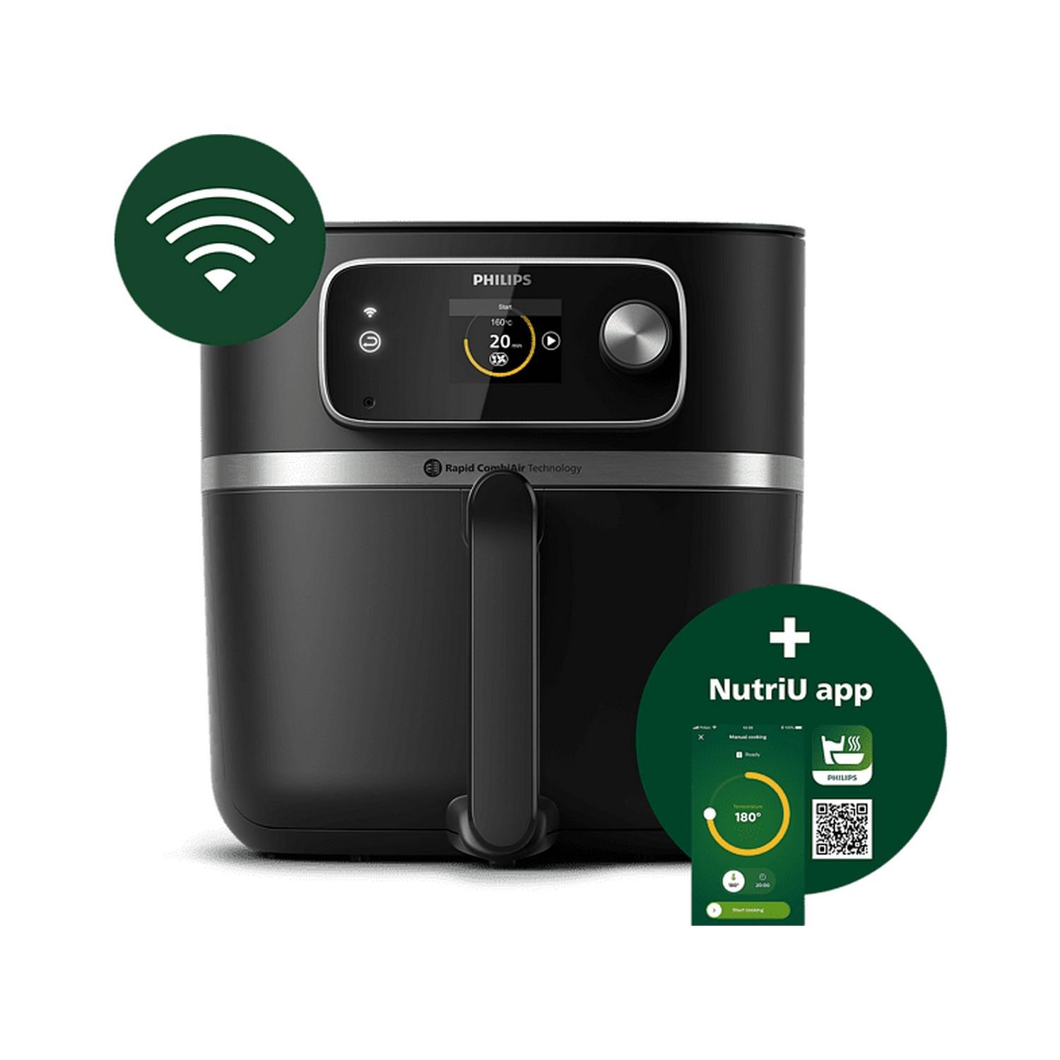 Eine schwarze Heißluftfritteuse mit Griff, Display und zwei App-Symbolen. Weißer Hintergrund.