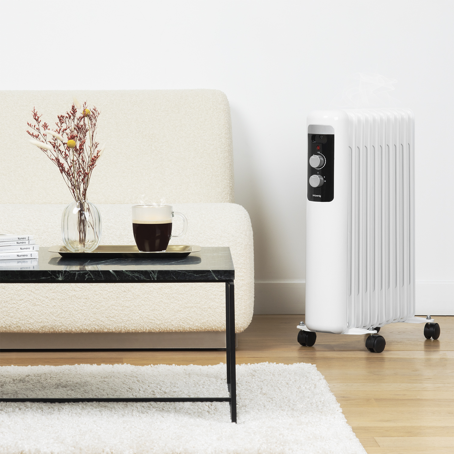 Termosifone bianco con vaso e fiori, su un tappeto.