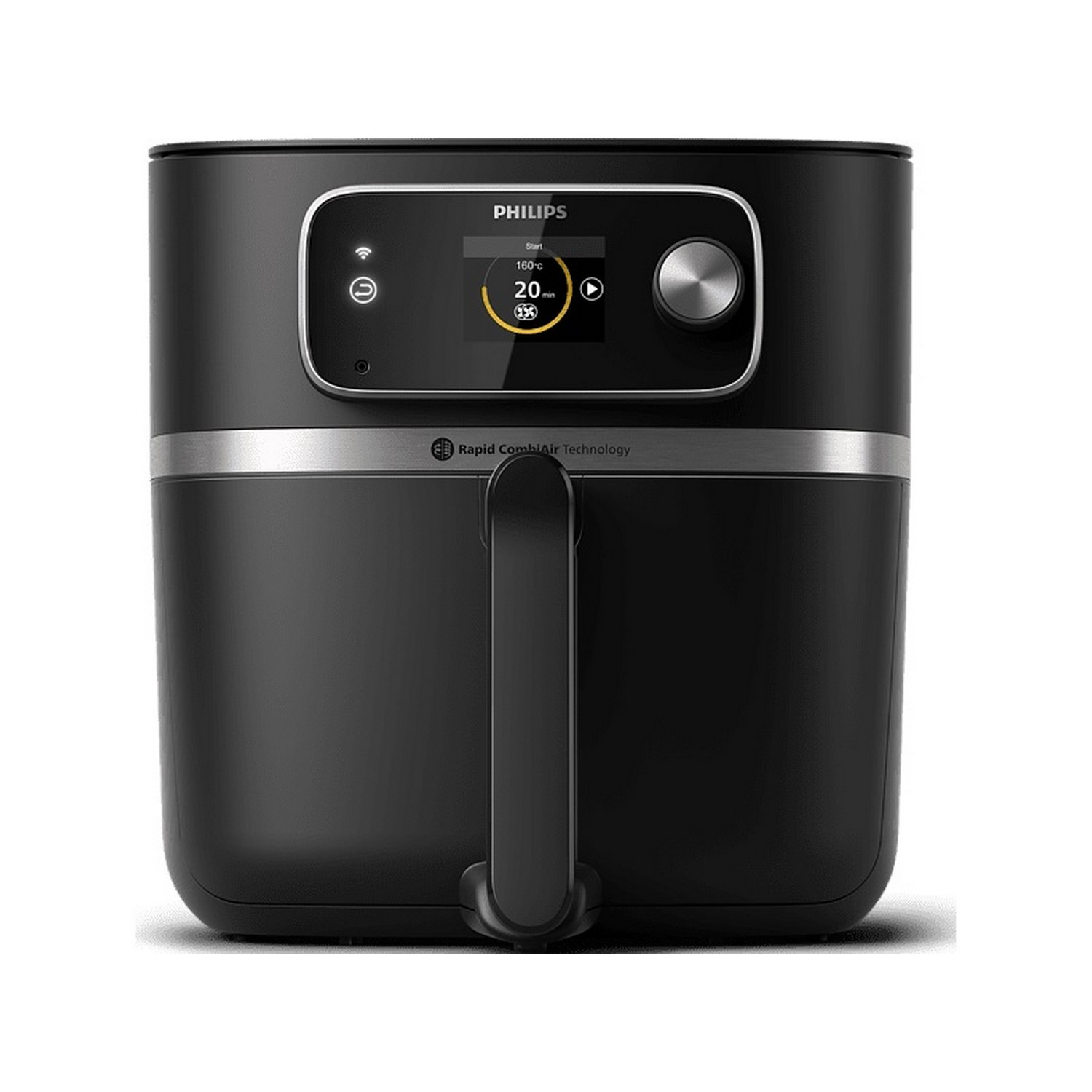 Ein schwarzer Philips Airfryer mit Bedienfeld, Griff und Rapid CombiAir Technology-Etikett.