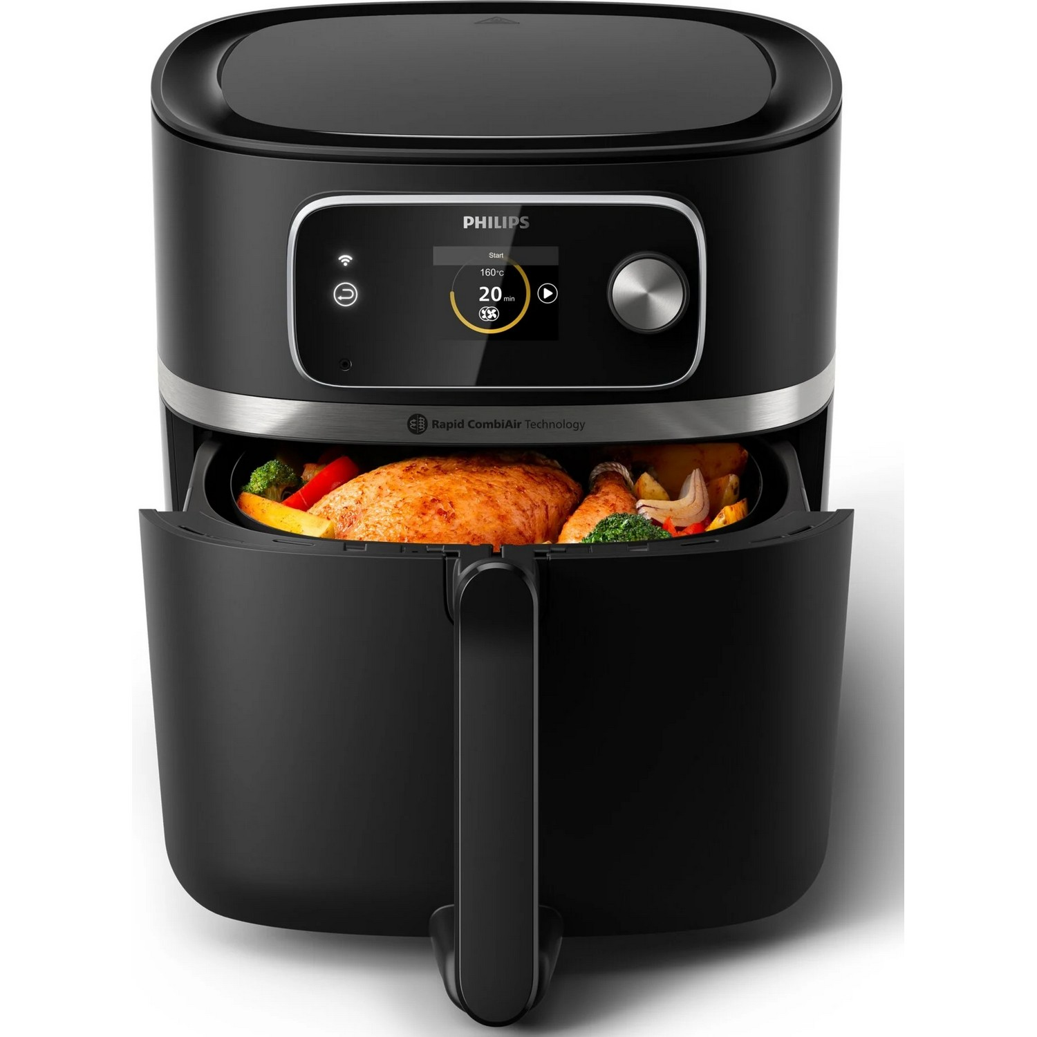 Ein schwarzer Philips Airfryer mit Essen und Griff.