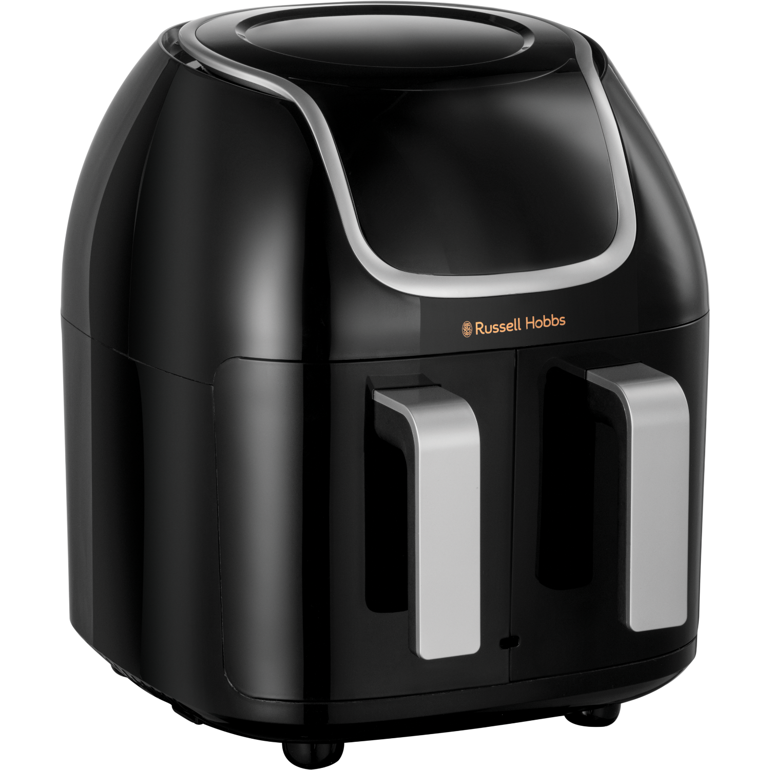 Czarna frytownica powietrzna z dwoma uchwytami i srebrnym akcentem.