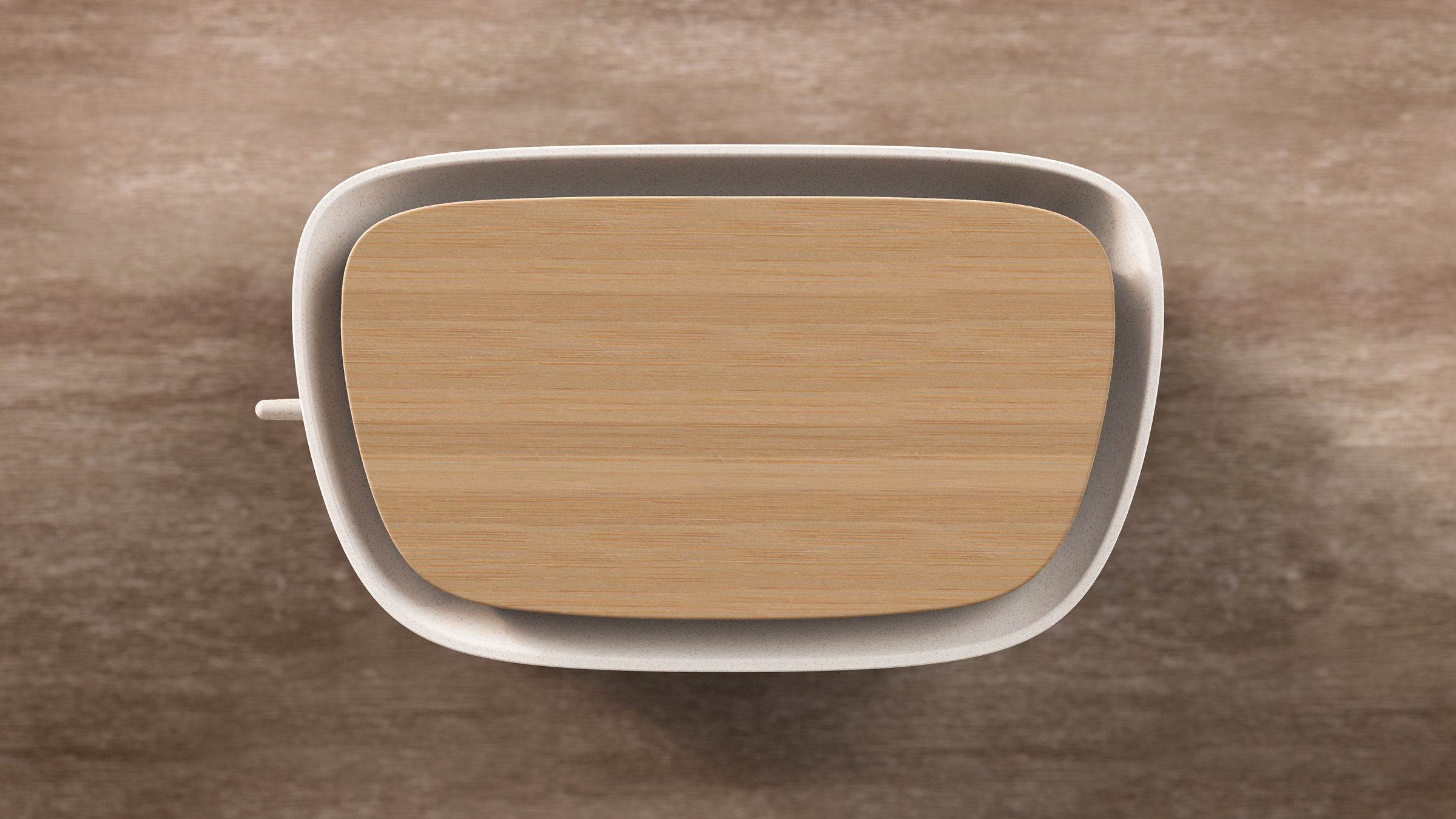 Biały i drewniany toster na drewnianej powierzchni. Widok z góry.