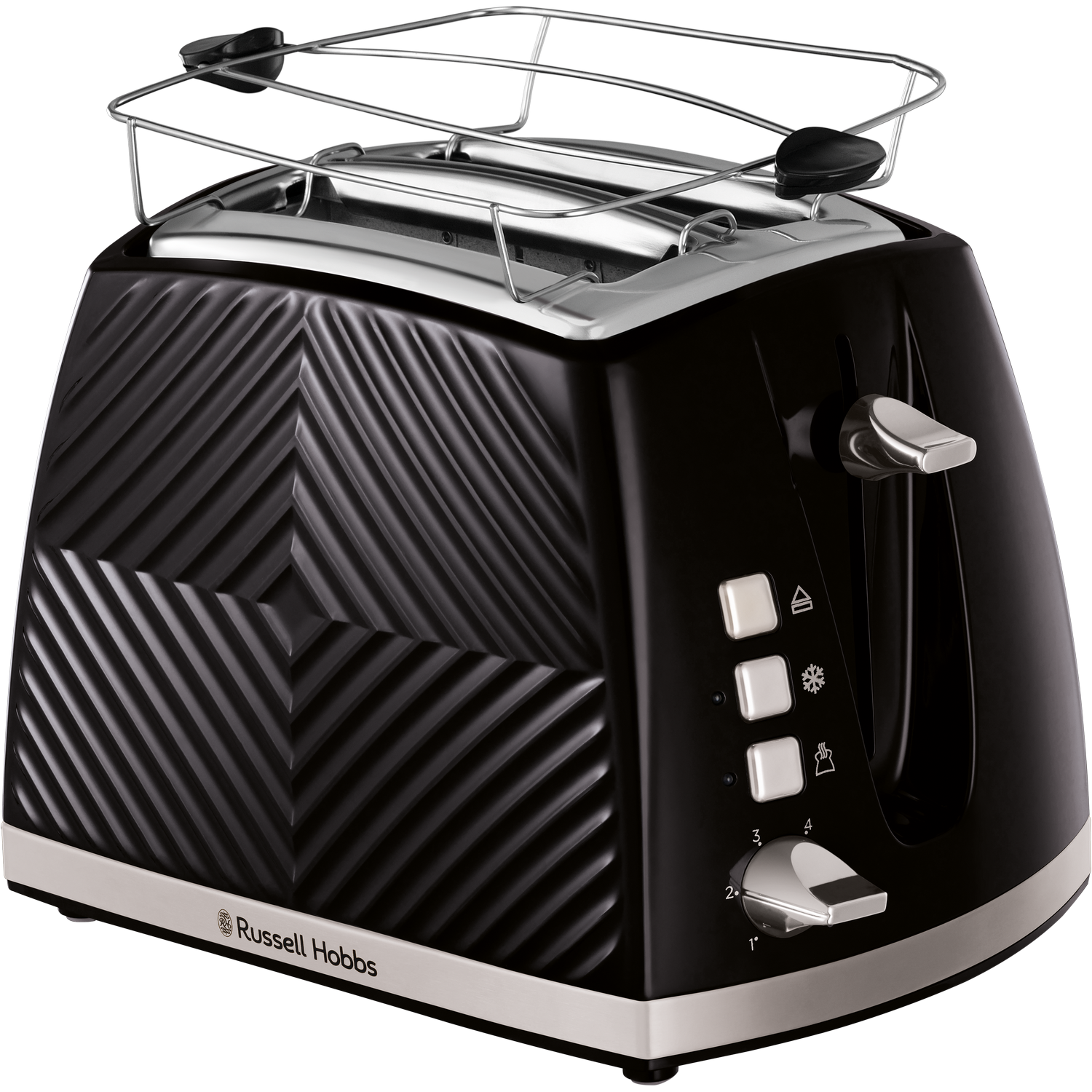 Schwarzer Russell Hobbs Toaster mit gemusterter Front, silbernen Akzenten und Bedienknöpfen.