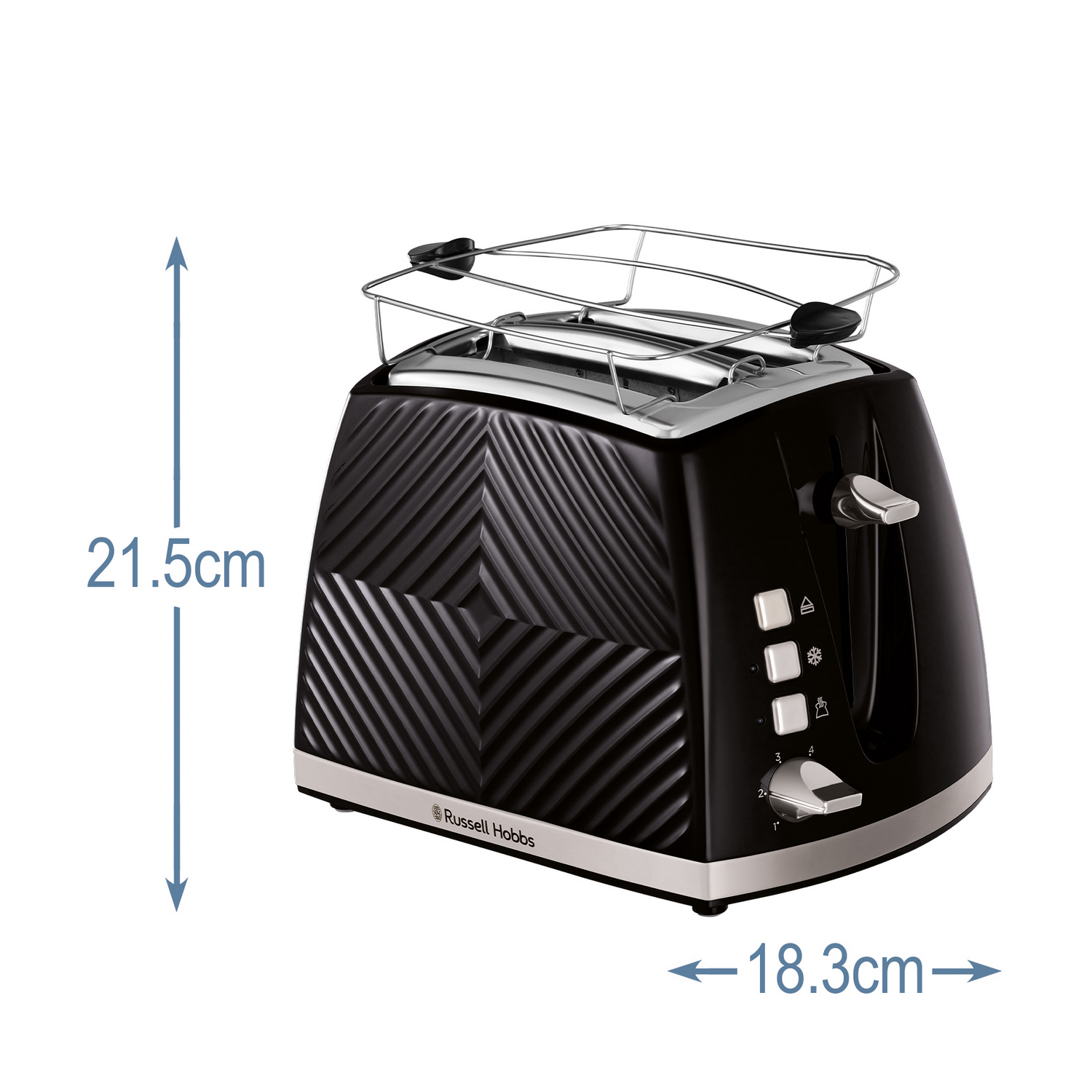 Schwarzer Toaster mit silbernen Akzenten. Maße 21,5 cm hoch, 18,3 cm breit. Er hat ein oberes Gestell.