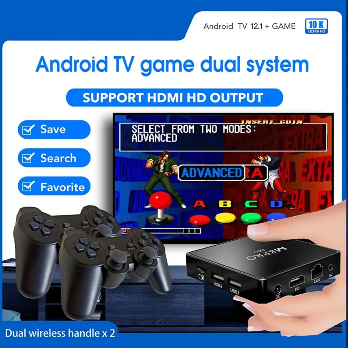 Consola de juegos Android TV con dos mandos y una interfaz de juego en pantalla.