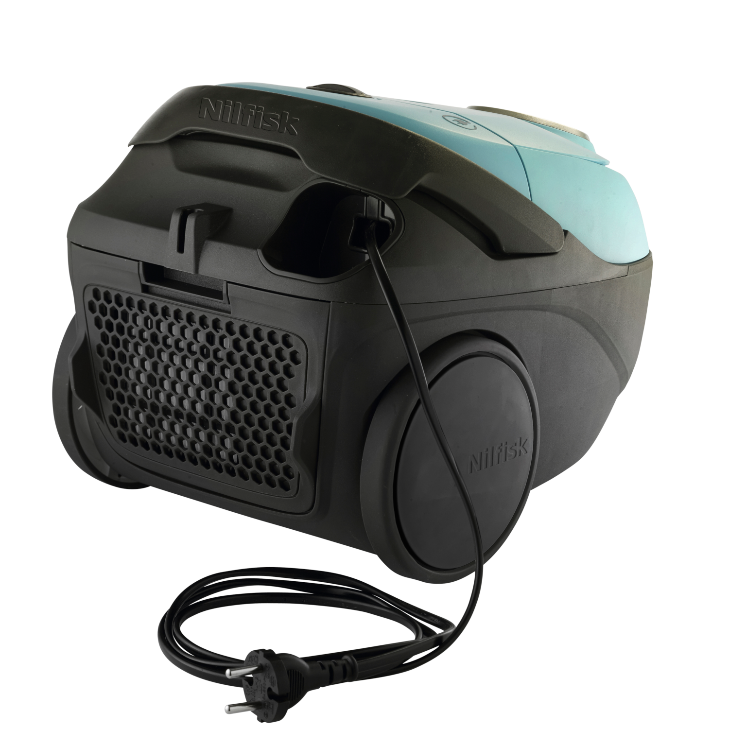 Zwarte en blauwgroene stofzuiger met een netsnoer. De achtergrond is wit.