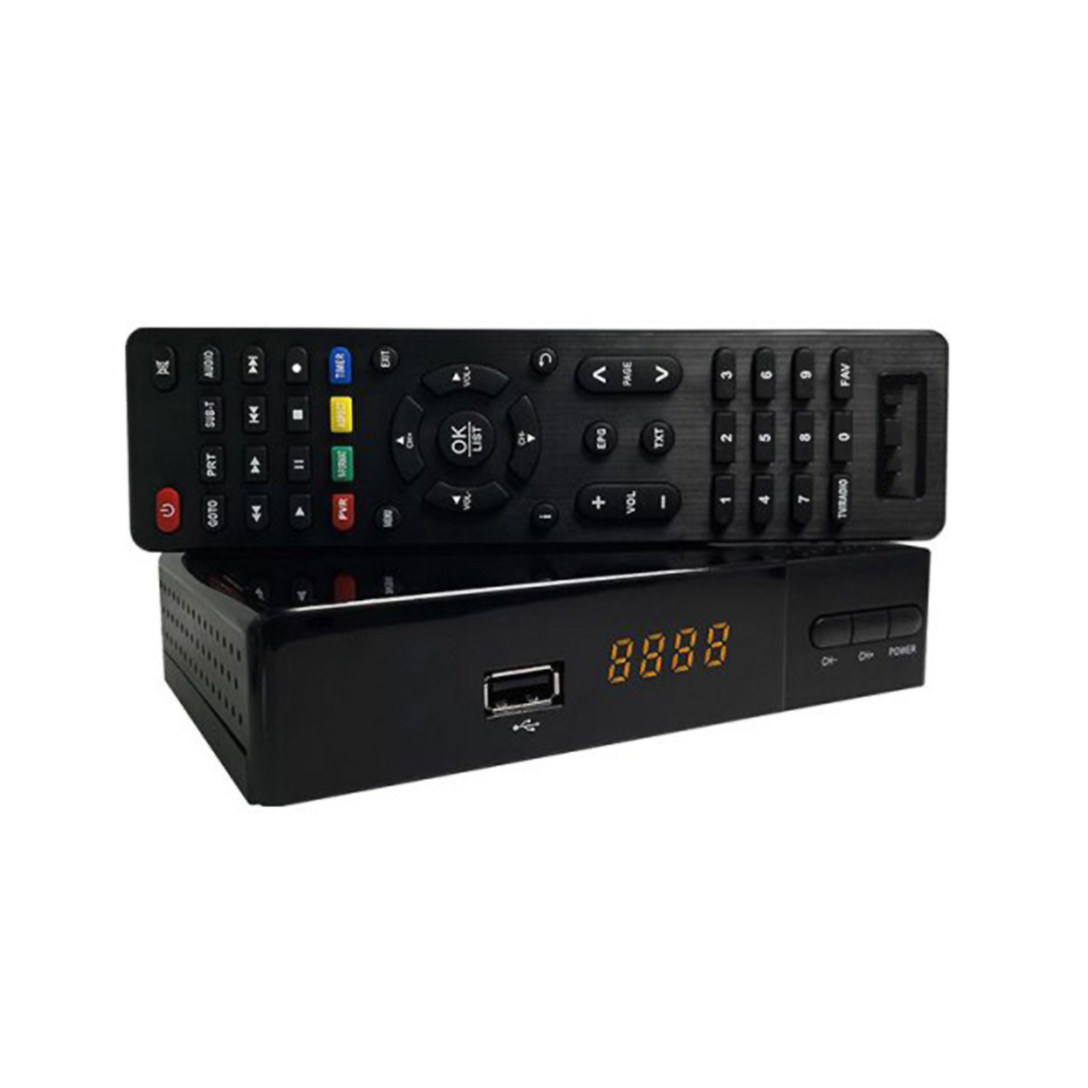 Receptor de TV negro con mando a distancia encima. El mando tiene botones y texto.