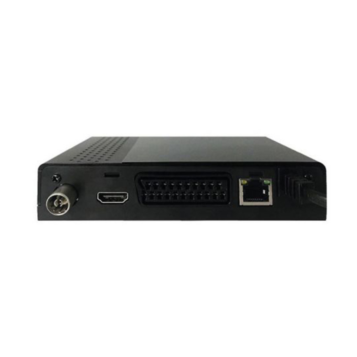 Receptor negro con múltiples puertos. Conector coaxial, HDMI, etc.