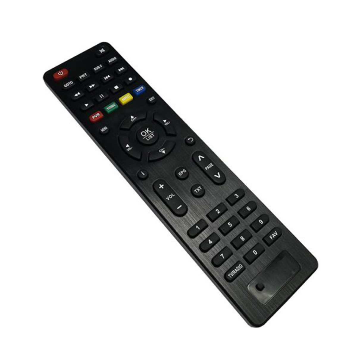 Mando a distancia de TV negro con múltiples botones, incluido un teclado numérico.