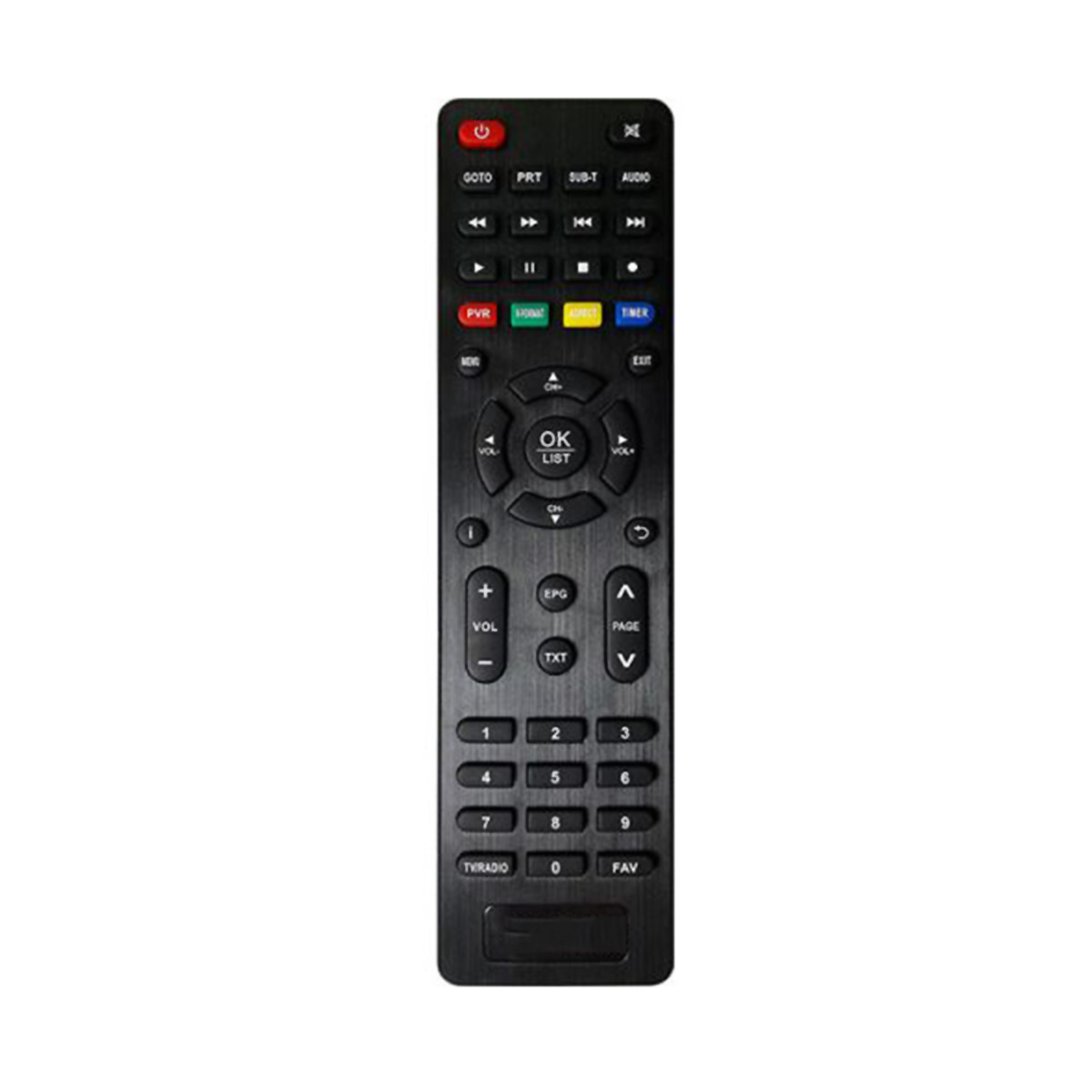 Un mando a distancia negro con muchos botones, incluidos números, flechas y teclas de función.