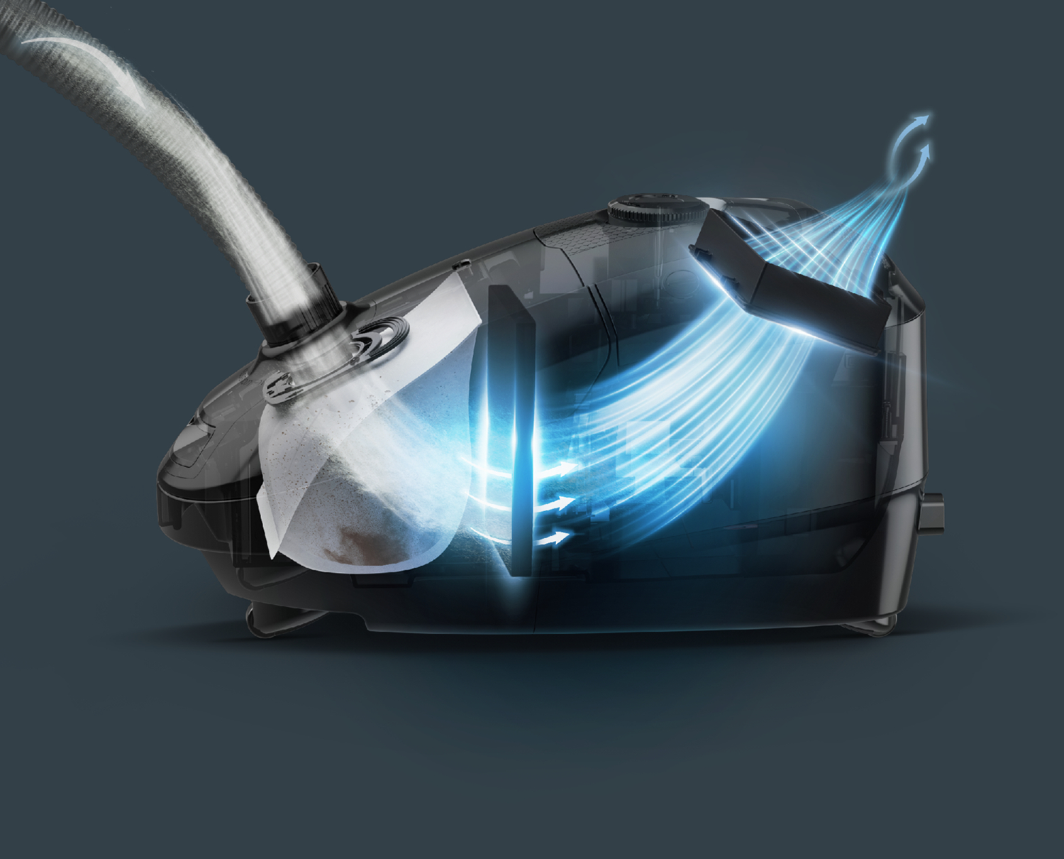 Odkurzacz w przekroju poprzecznym pokazujący przepływ powietrza i elementy wewnętrzne.