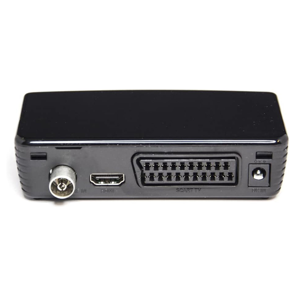Un dispositivo rectangular negro con múltiples puertos en la parte trasera, incluyendo HDMI, SCART y una entrada de energía.