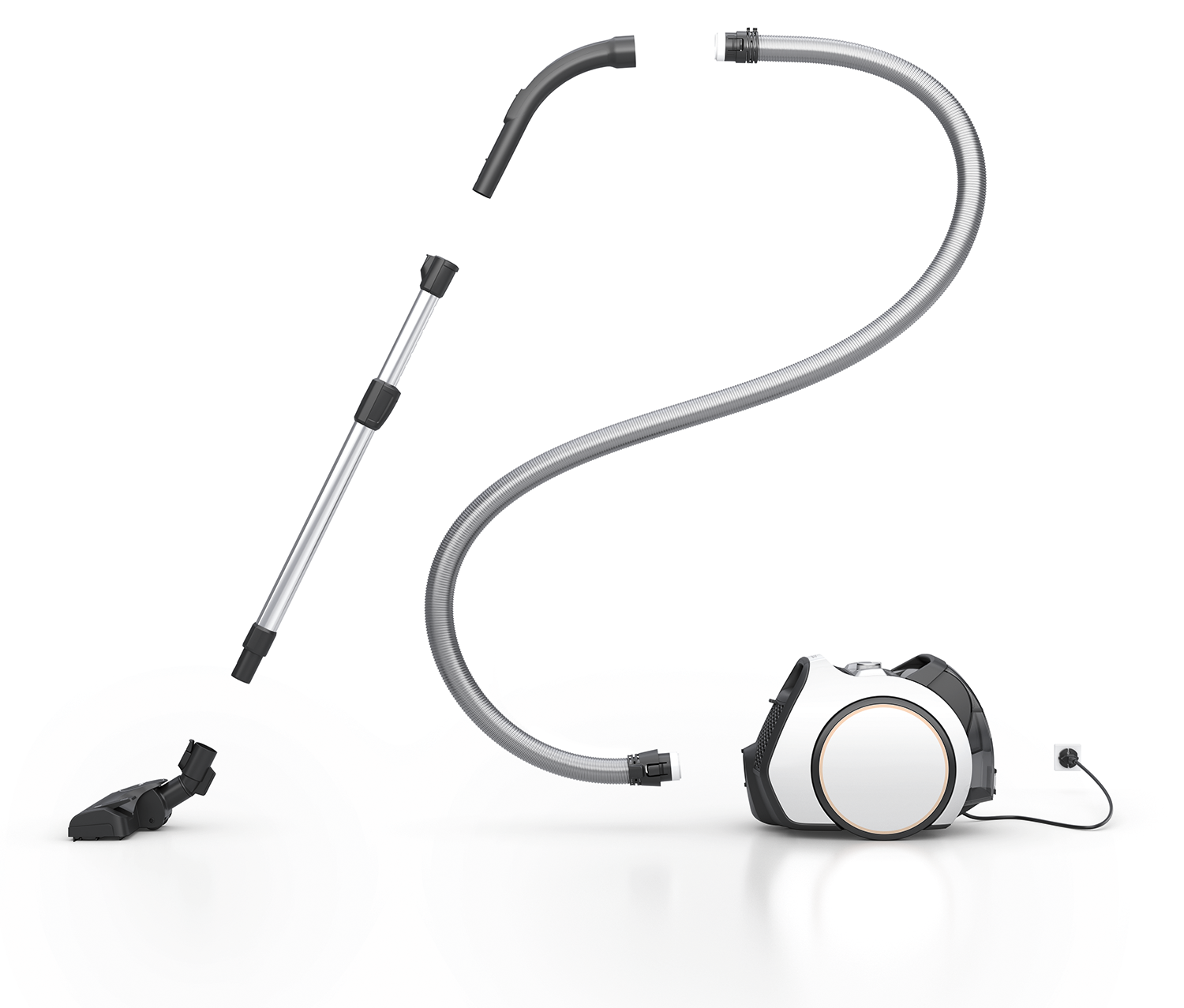 Części odkurzacza: wąż, rura, głowica i korpus. Wszystko białe z czarnymi akcentami, na białym tle.