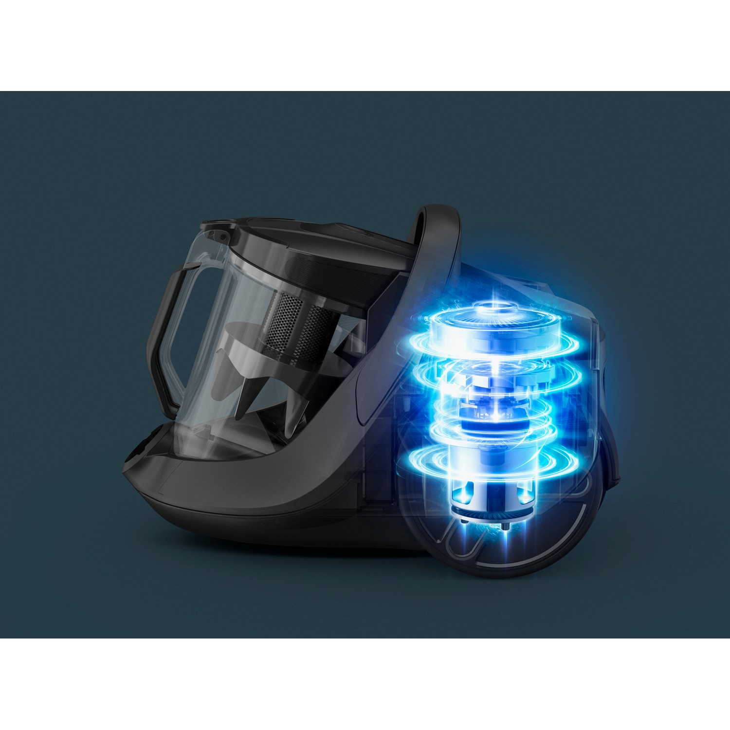 Czarny odkurzacz z niebieskim efektem świetlnym podkreślającym jego wewnętrzne komponenty.