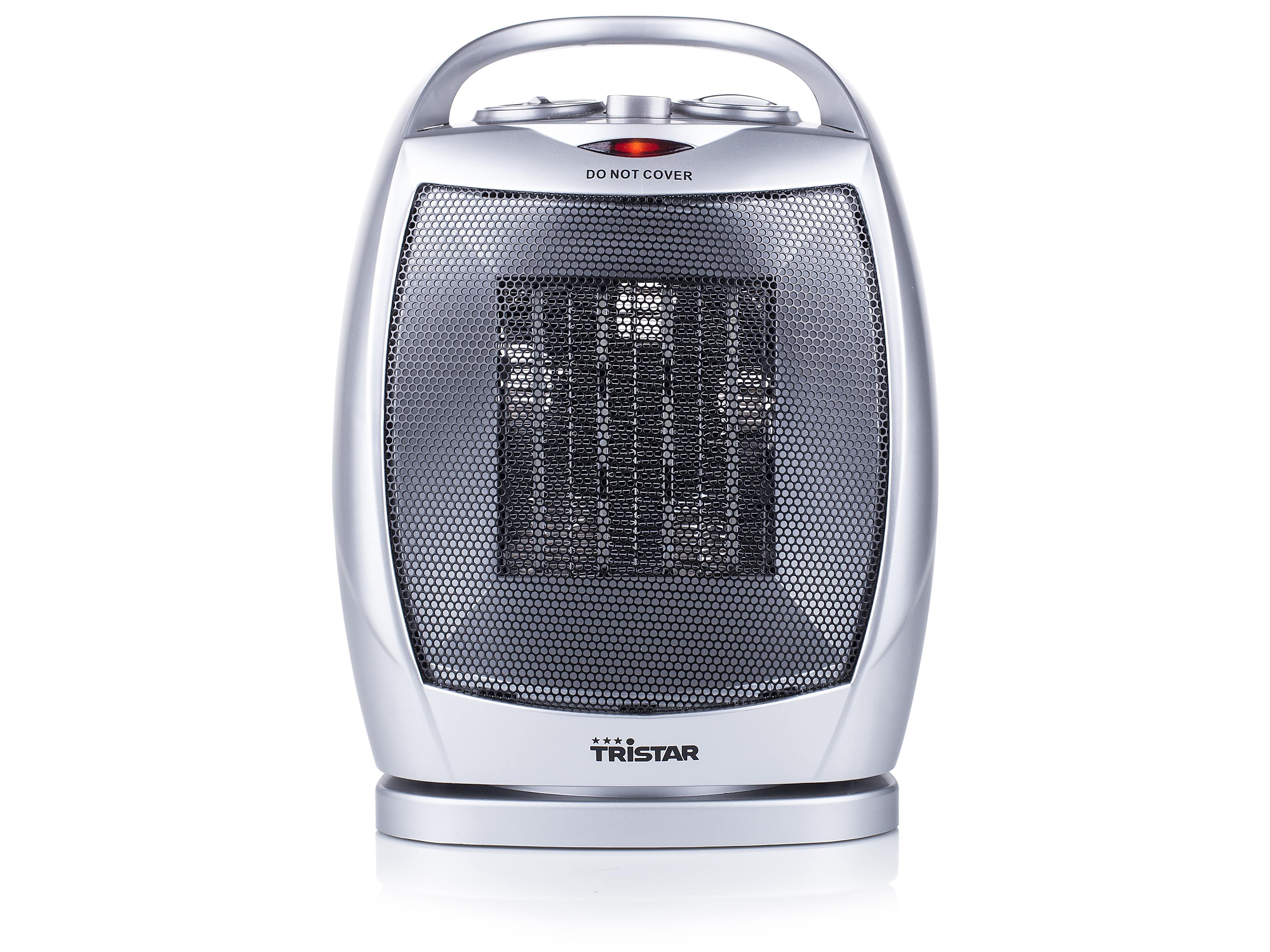 Chauffage électrique argenté sur blanc. Grille avant avec logo 'Tristar'. Design rond.
