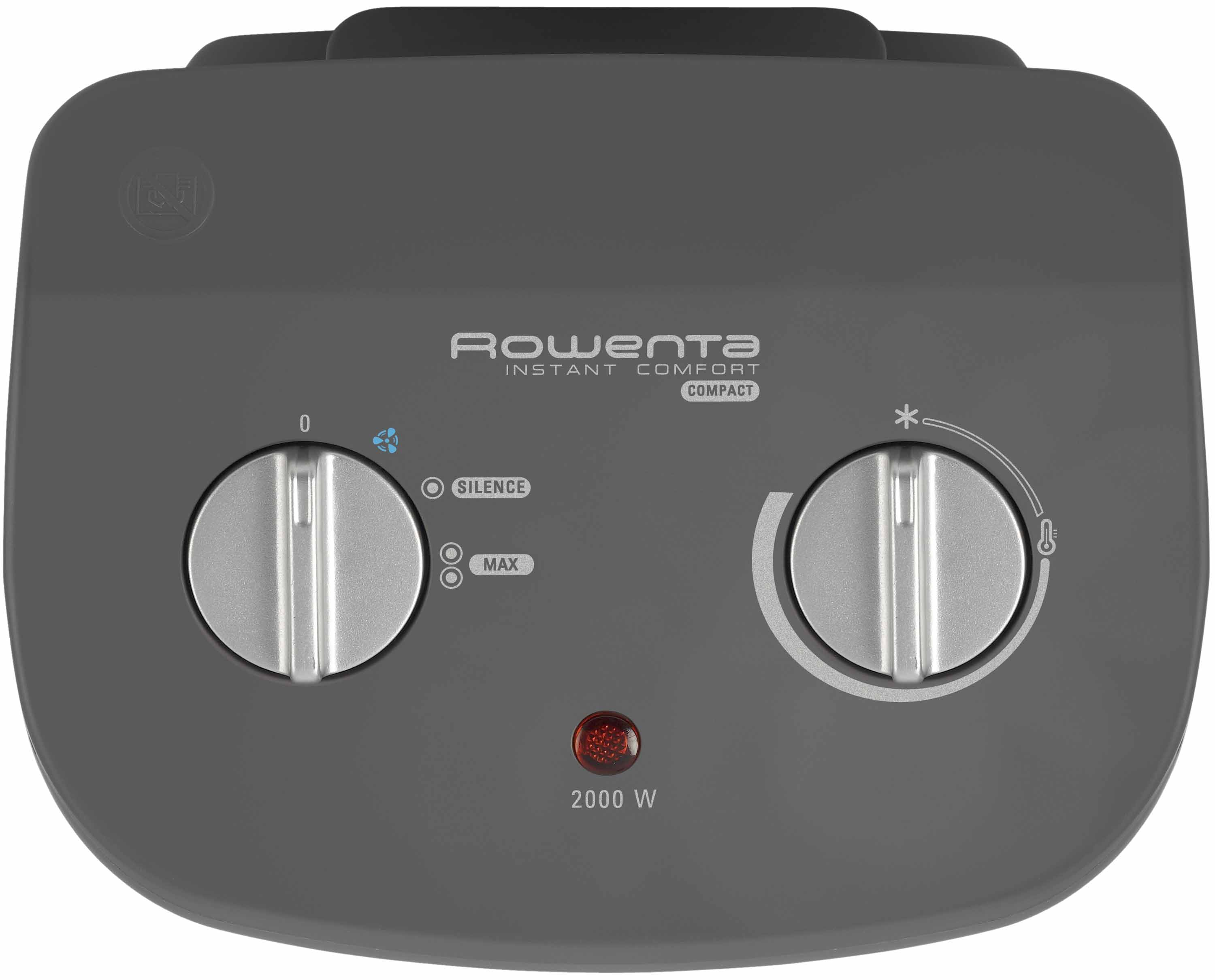 Rowenta Instant Comfort Compact Heizungsbedienfeld. Grau, mit Drehknöpfen und rotem Licht.