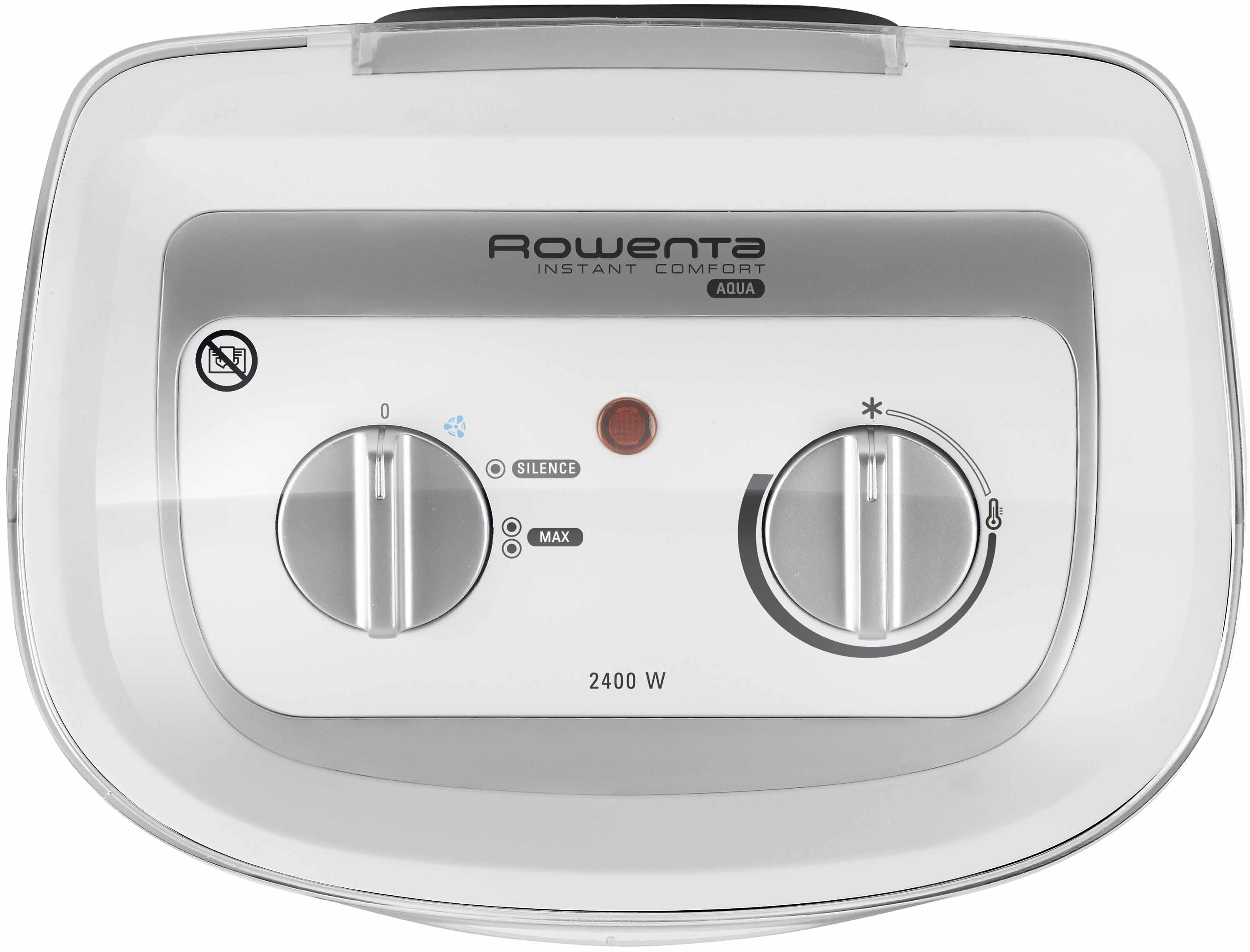Panel de control de aire acondicionado blanco. Tiene diales para temperatura y velocidad del ventilador. Texto 'Rowenta' y 'AQUA'.