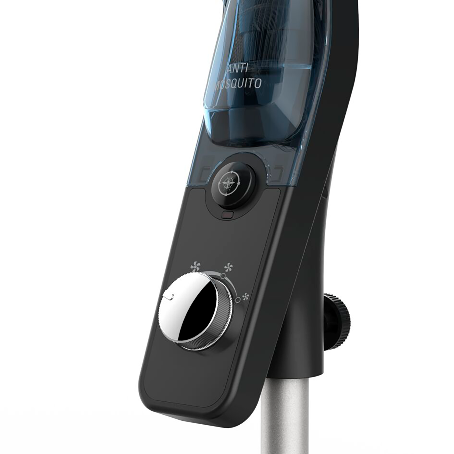 Czarne urządzenie odstraszające komary, pokazujące pokrętła sterowania i przezroczysty pojemnik z płynem.