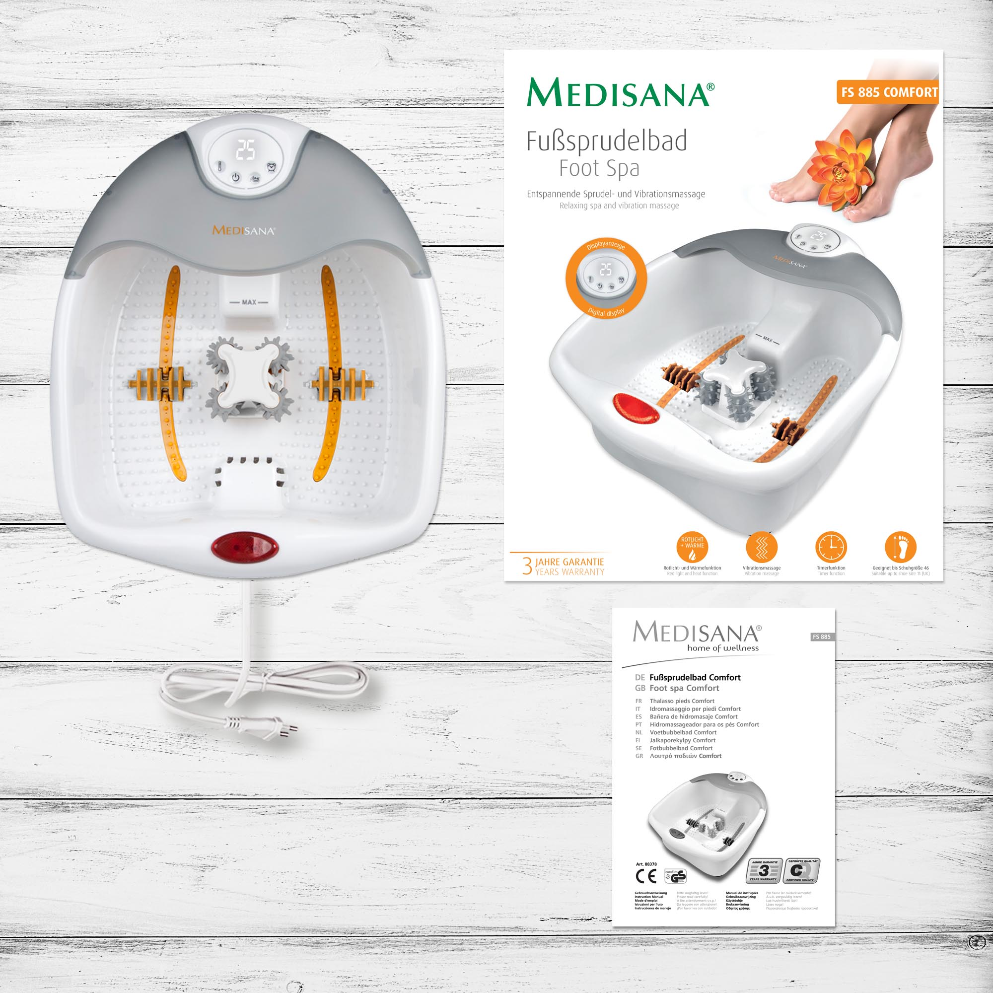 Bañera hidromasaje - MEDISANA FS 885, para Piernas, con Función calor, Niveles de funcionamiento: 3, Blanco, gris