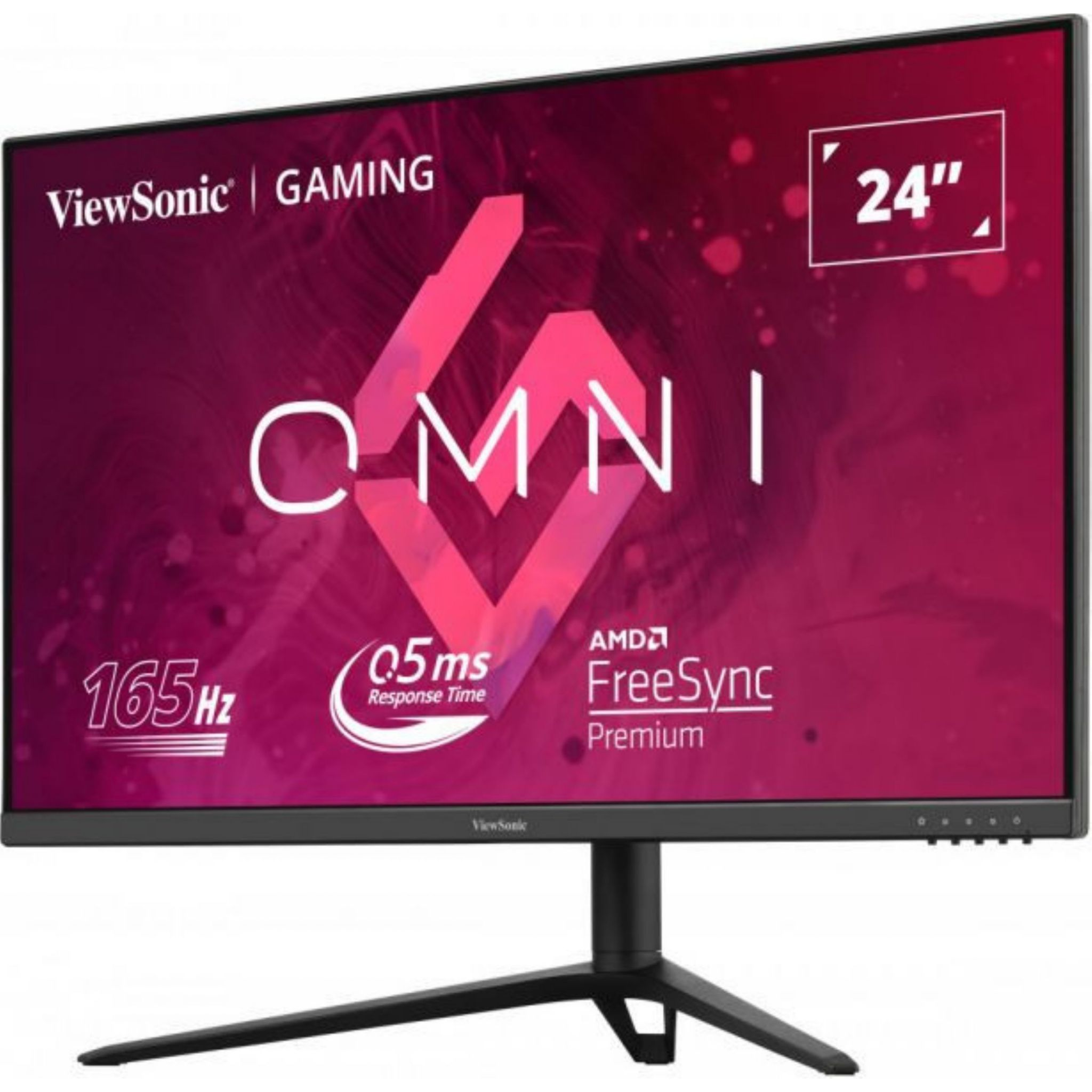 Monitor gamingowy ViewSonic 24", czarna ramka, z logo OMNI i specyfikacjami na ekranie.