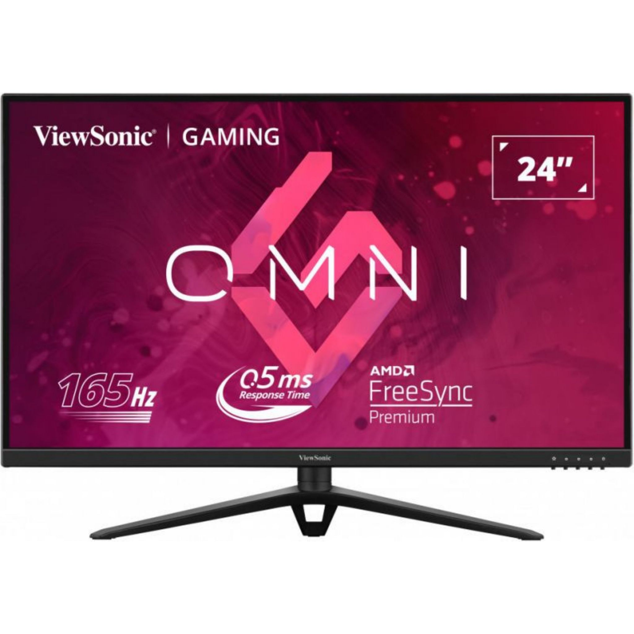 Monitor do gier ViewSonic, czarna ramka. Wyświetla zawartość gier, markę i specyfikacje.