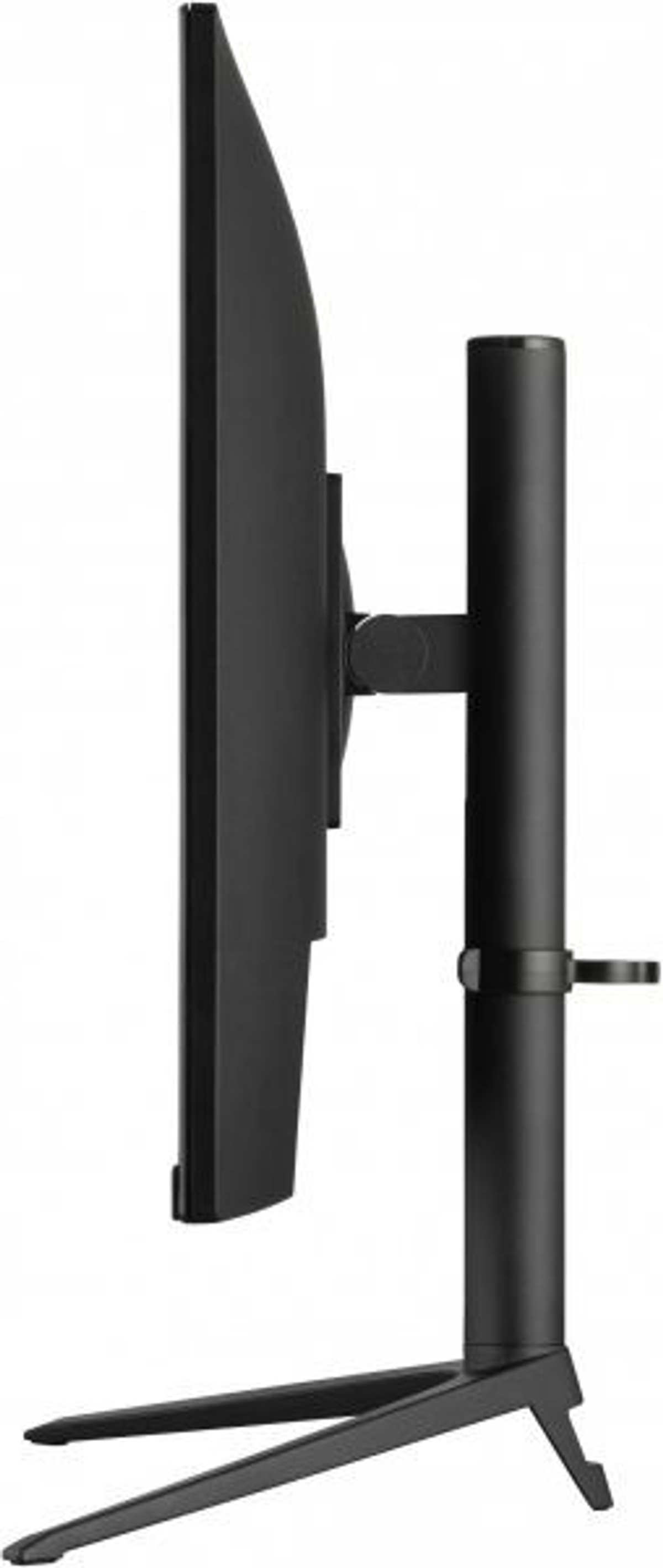 Czarny monitor komputera z boku. Ma podstawę i cienką ramkę.