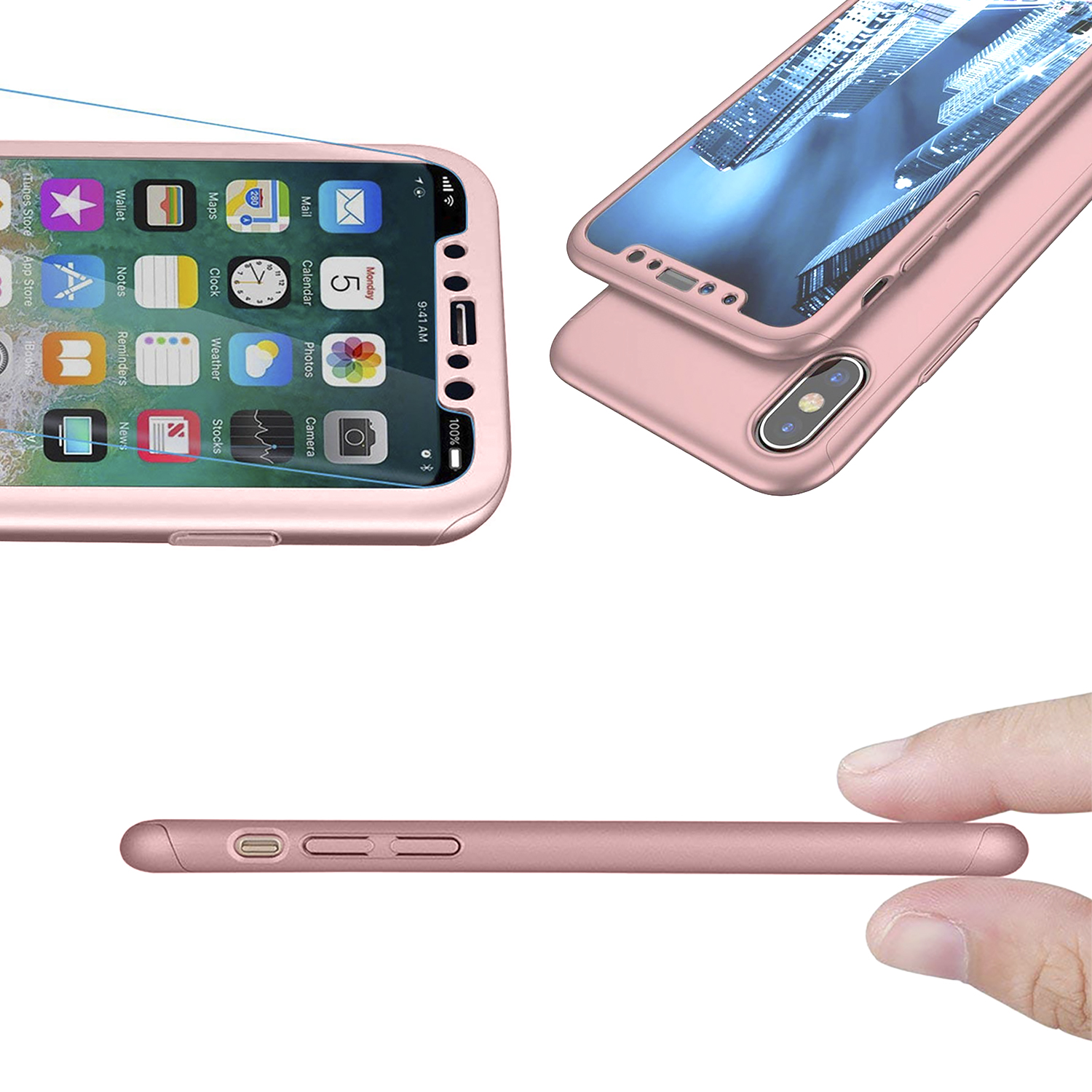 Funda de teléfono rosa con protector de pantalla y teléfono, y una mano sujetando el lateral.