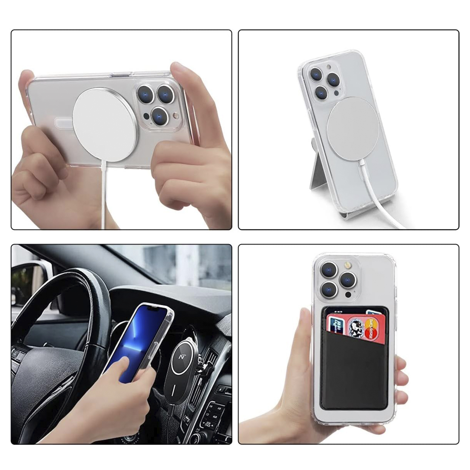 Quattro immagini mostrano iPhone con custodie e caricatore MagSafe, in mano, su supporto e in auto.