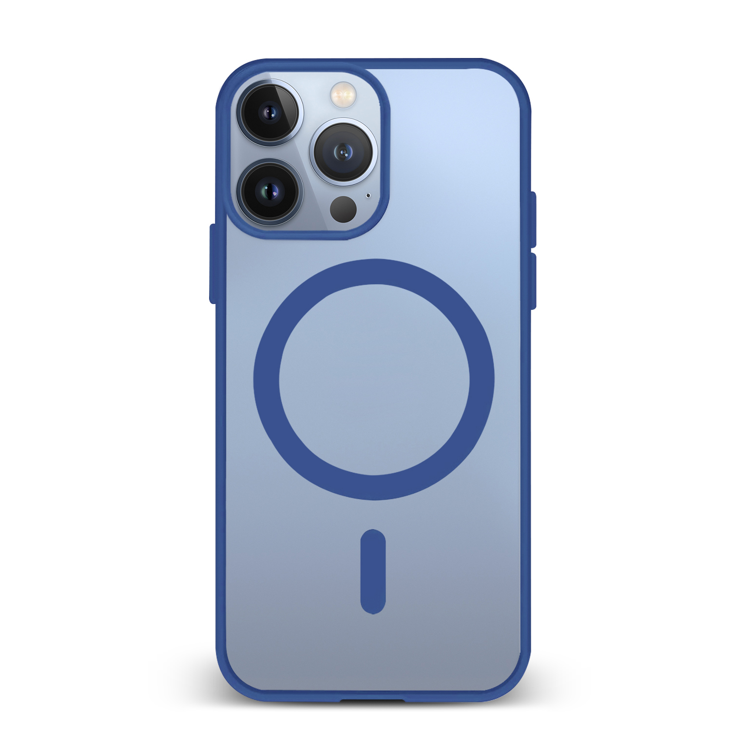 Custodia blu per iPhone con un cerchio blu e un segno meno. La custodia circonda il telefono.