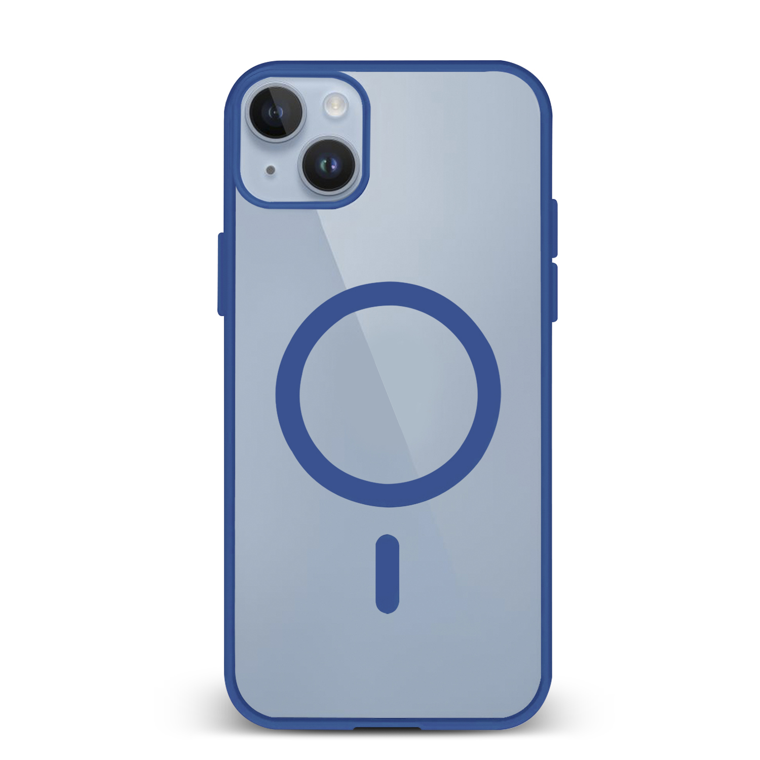Custodia trasparente per iPhone con dettagli blu. La custodia ha un ritaglio per la fotocamera.