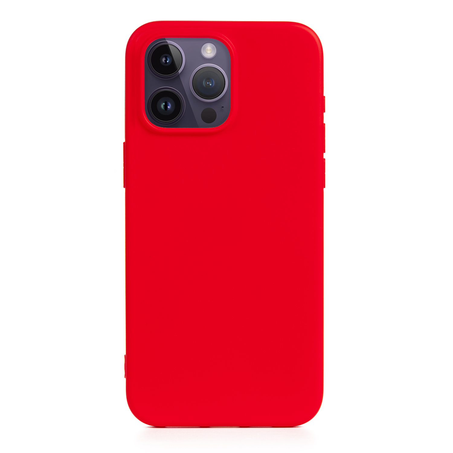 Custodia rossa per telefono. Presenta tre obiettivi della fotocamera. Elegante colore rosso pieno. Custodia protettiva.
