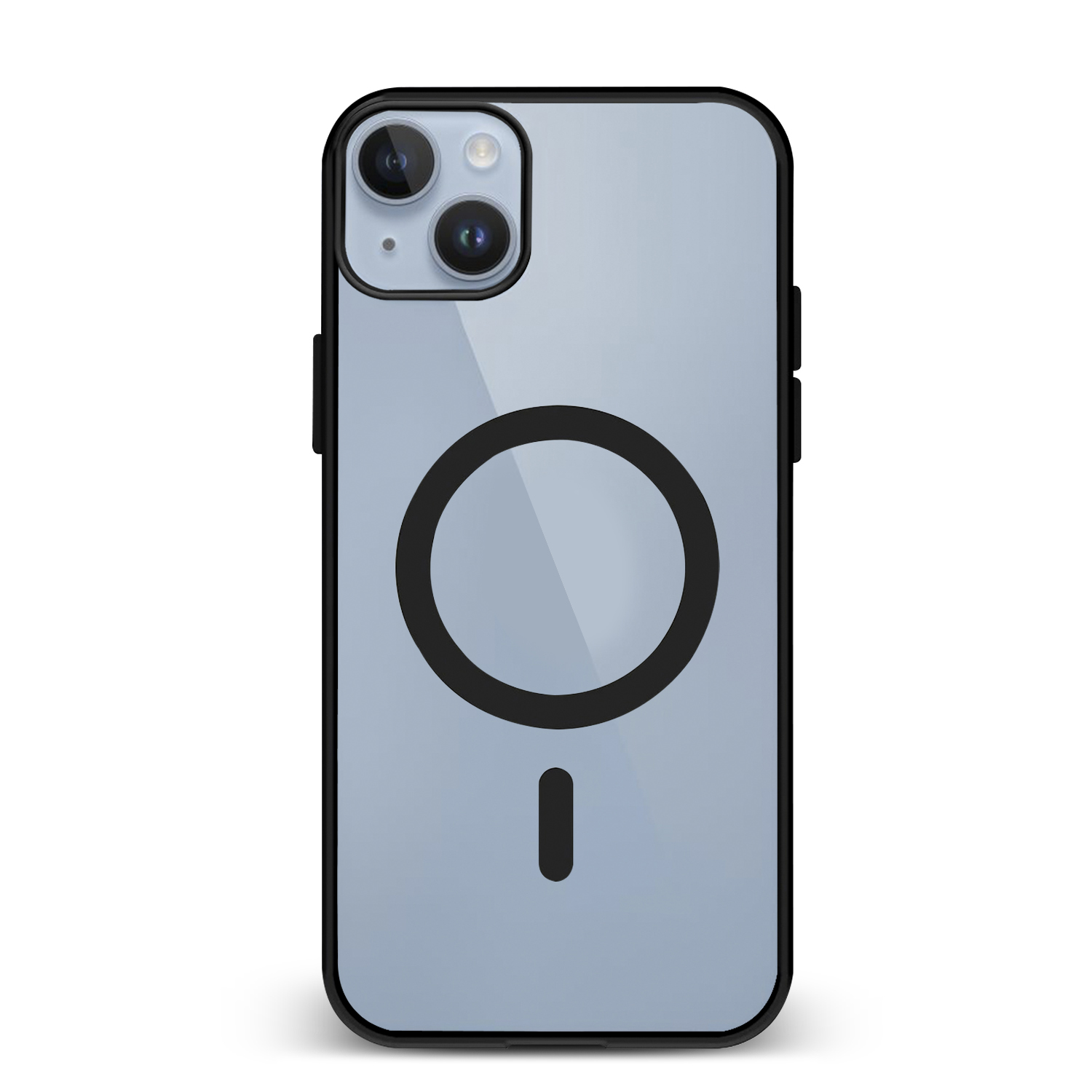 Un iPhone azzurro con bordo nero e un grande magnete circolare sul retro.