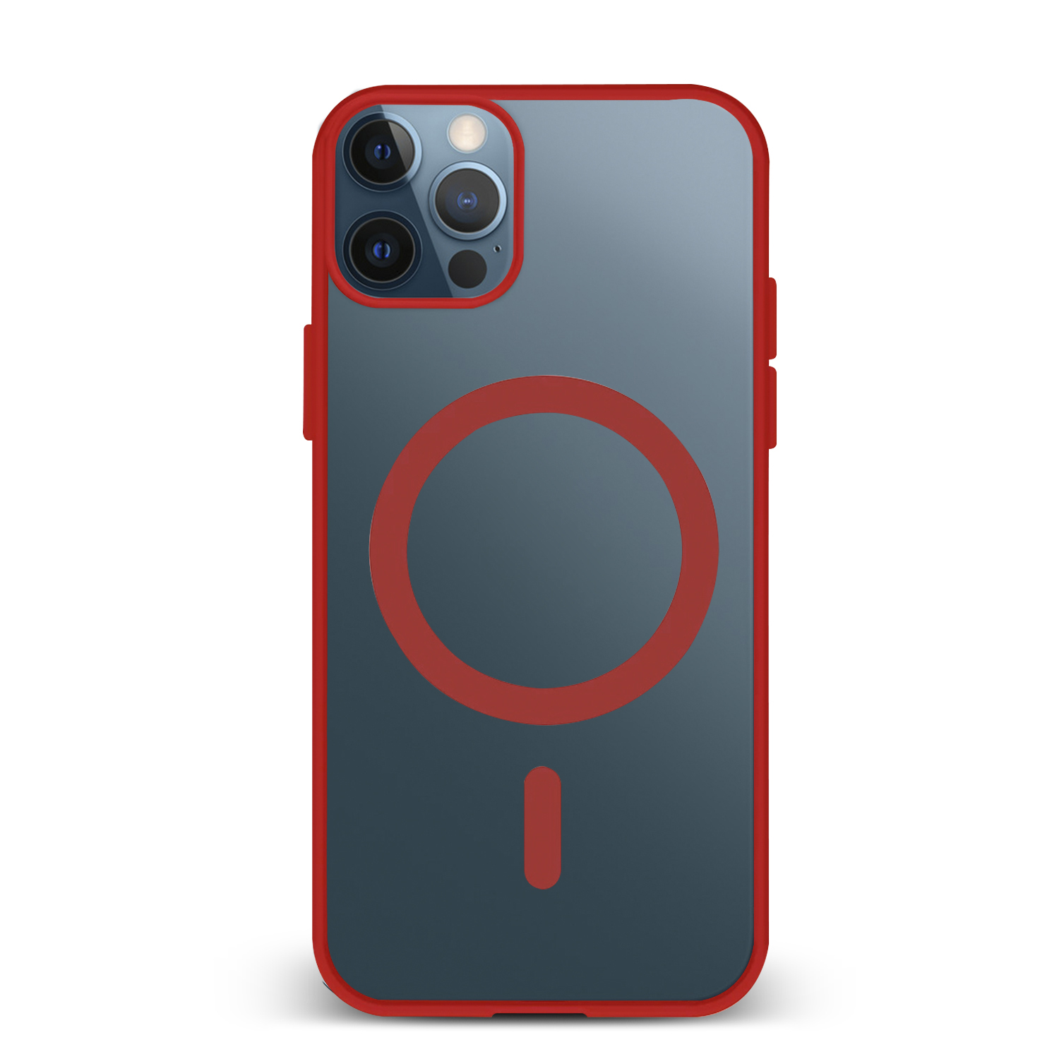 Telefono blu con custodia rossa, cerchio e linea rossi sul retro.