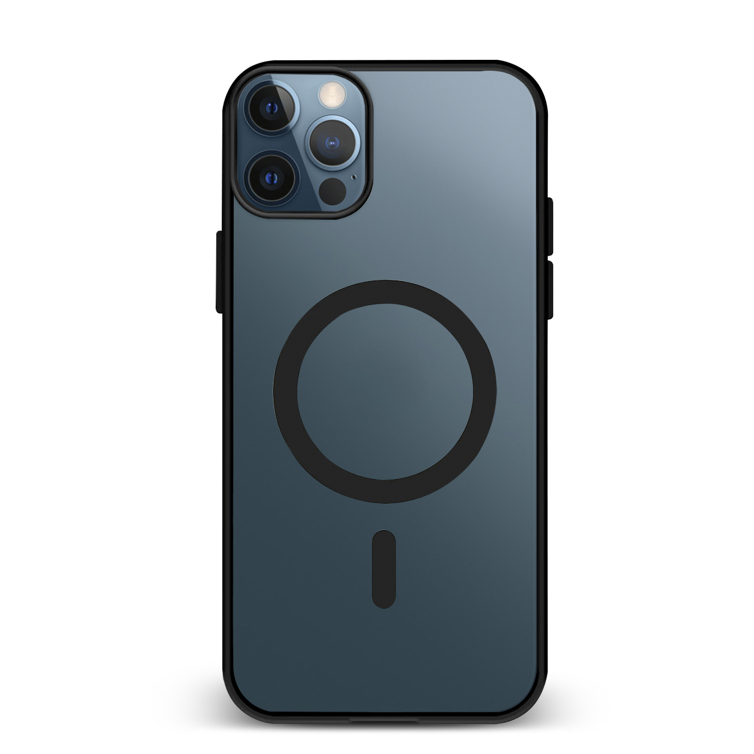 Una custodia per iPhone blu scuro con cornice nera e area di ricarica magnetica circolare.
