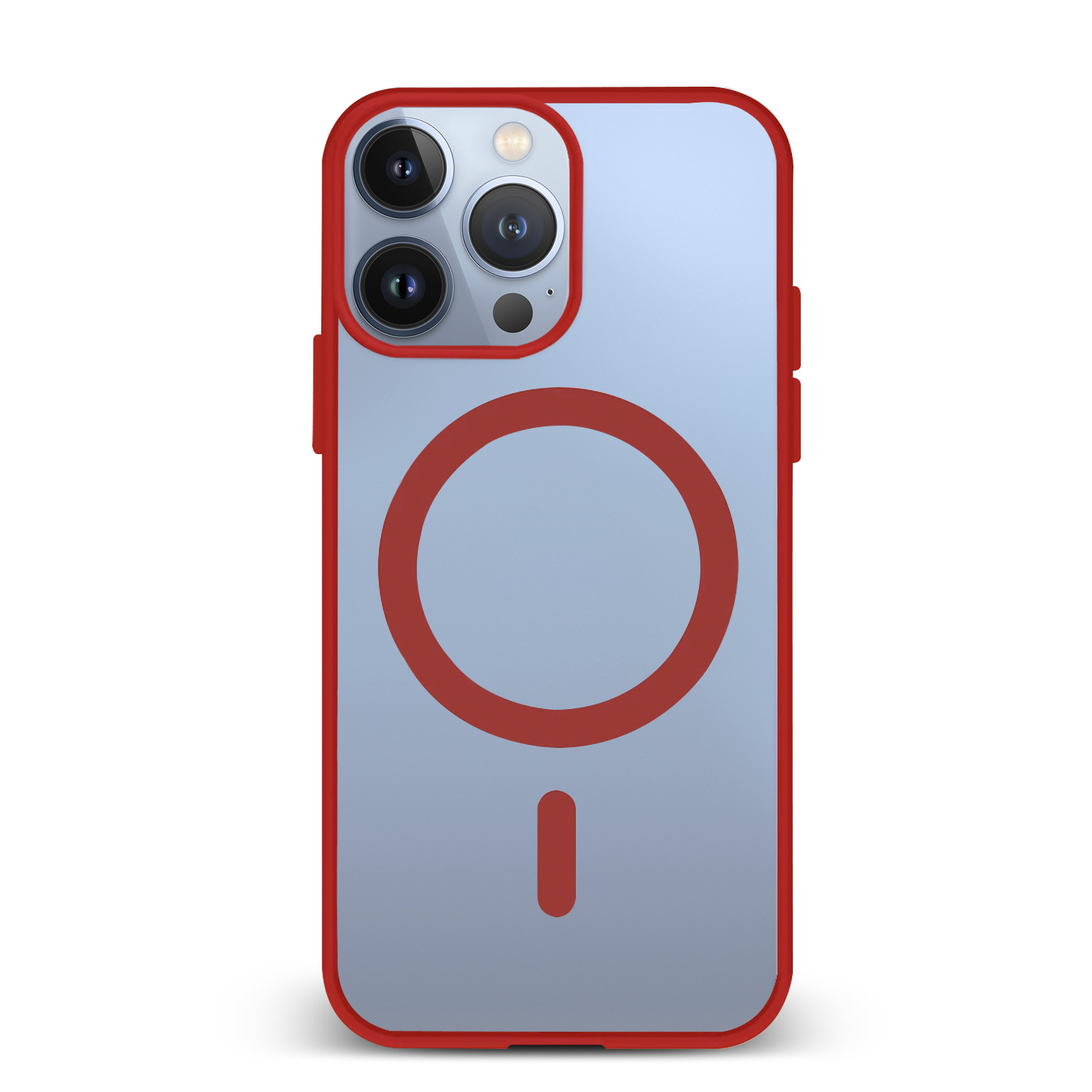 Una custodia per telefono blu chiaro con una cornice rossa e un design a cerchio rosso sul retro.