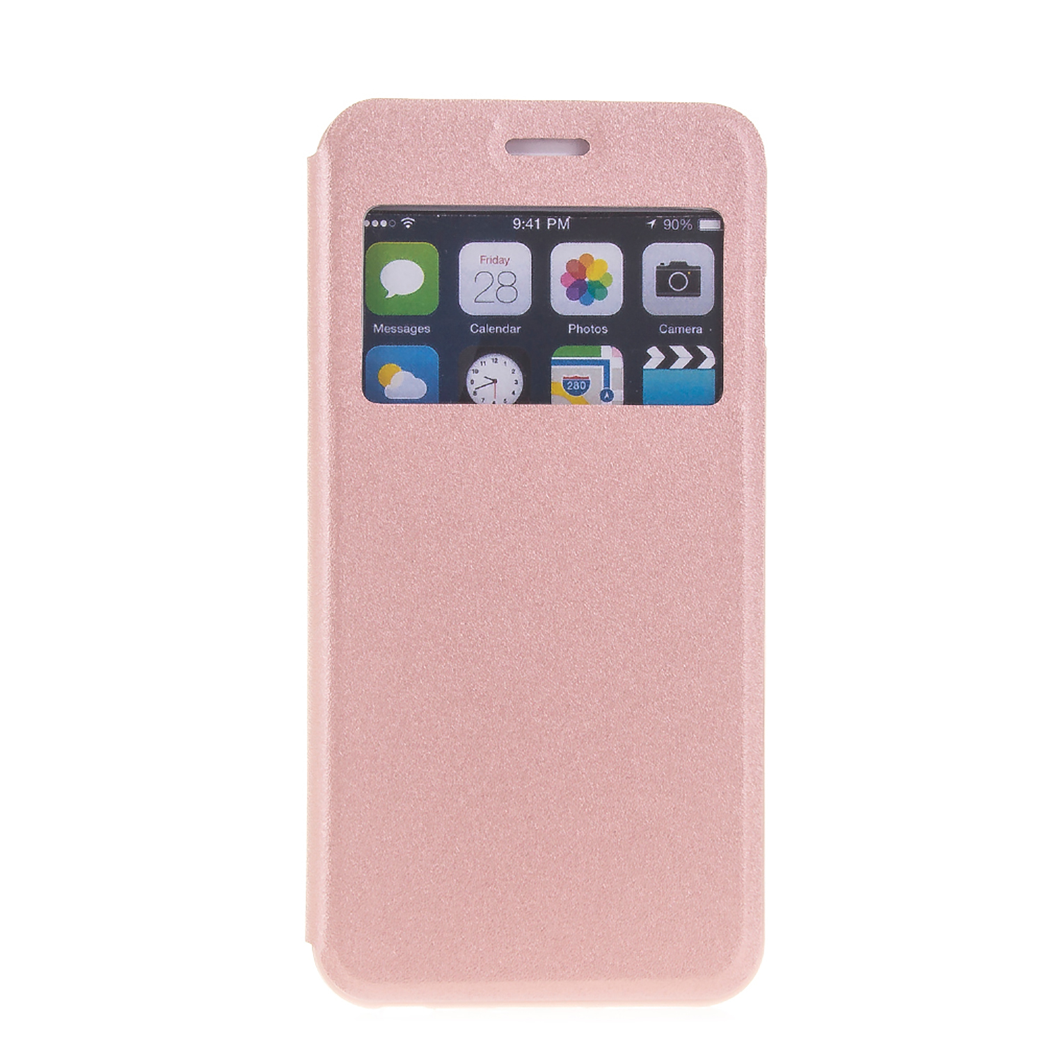 Funda de teléfono rosa con ventana que muestra la pantalla del teléfono. La pantalla muestra iconos de aplicaciones.