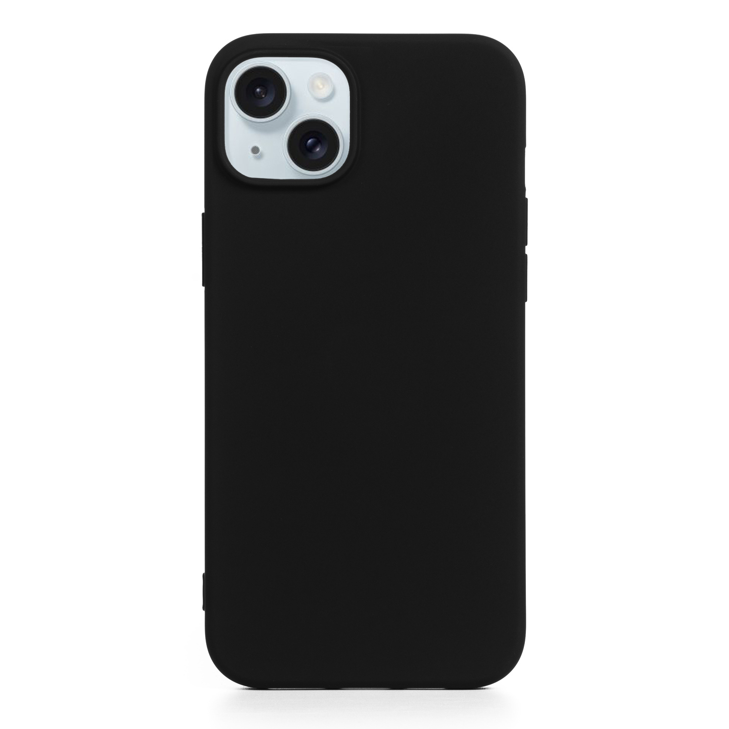 Custodia nera per telefono con ritaglio per fotocamera. Lato superiore con fotocamere visibili. Sfondo bianco.