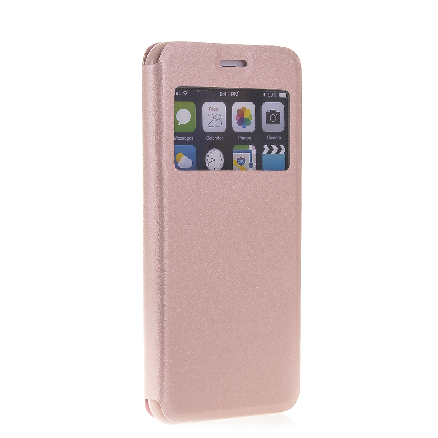 Funda de teléfono rosa que muestra la pantalla del teléfono con iconos. La funda está cerrada. Fondo blanco.