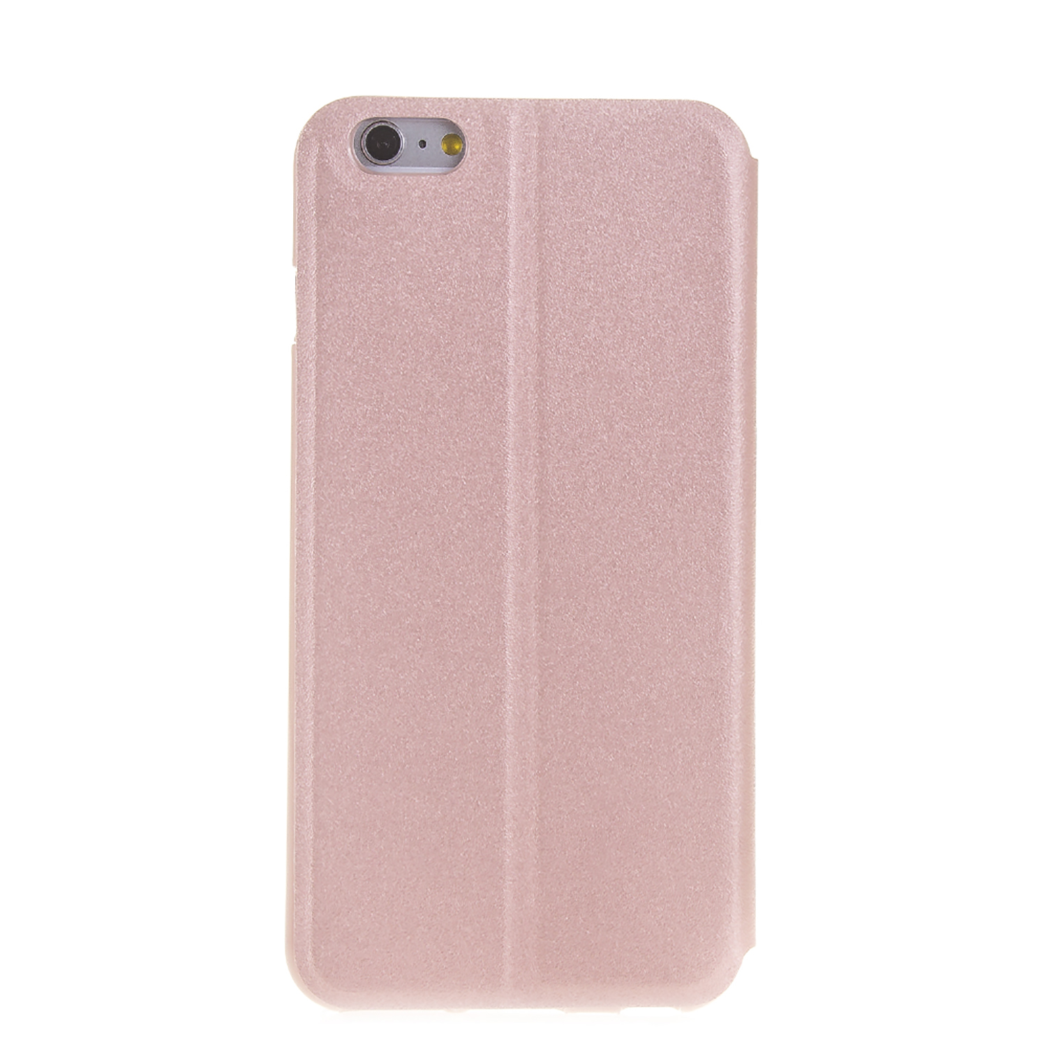 Funda de teléfono rosa. Cerrada, con textura lisa. Vista superior.