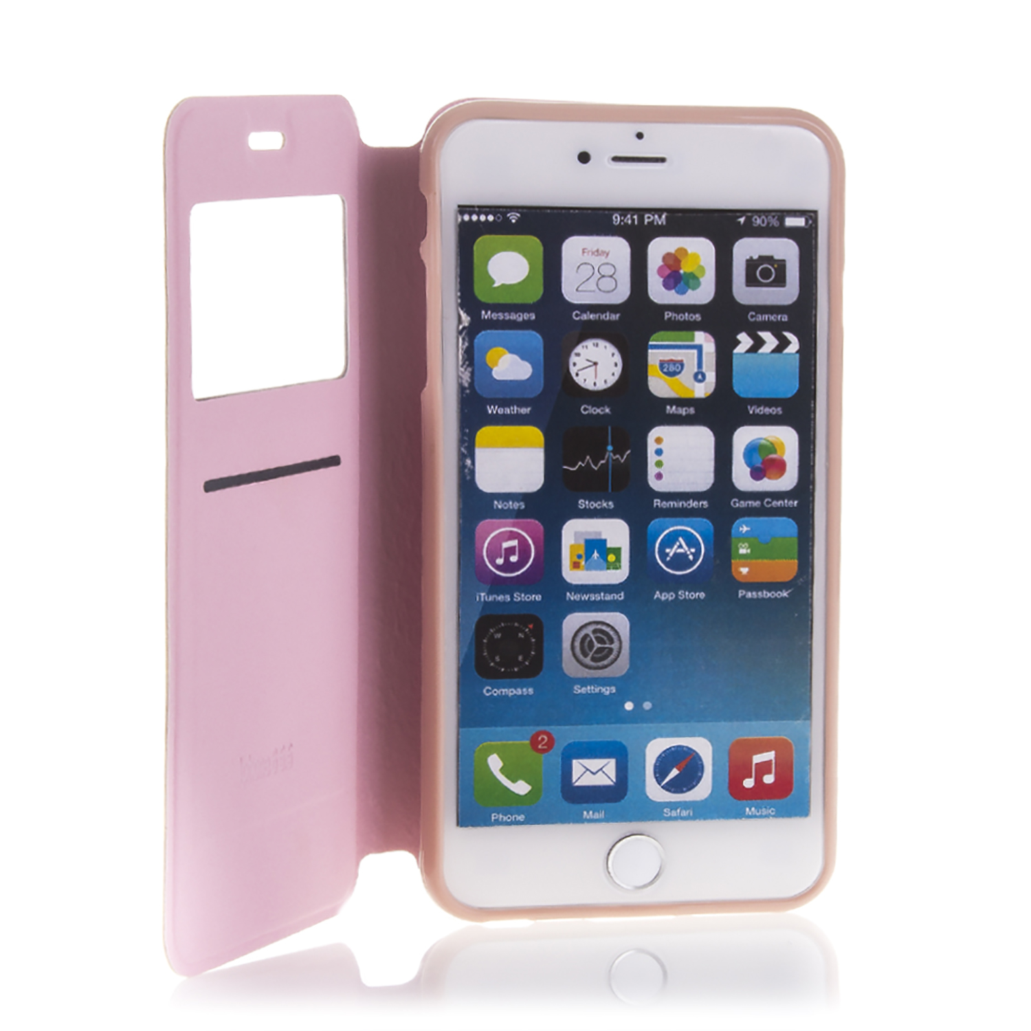 Funda de teléfono rosa con solapa abierta que muestra un iPhone blanco con iconos en la pantalla.