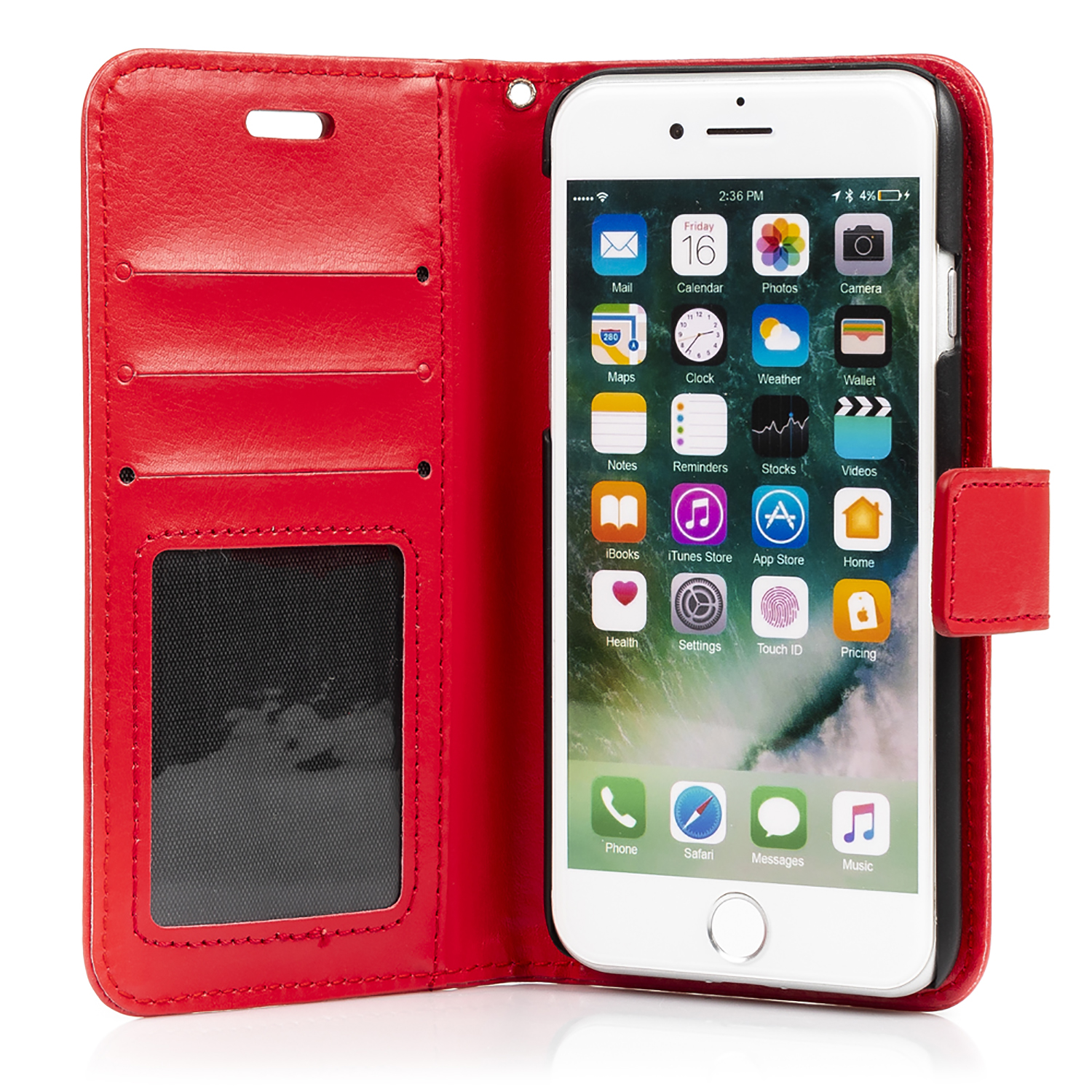 Custodia in pelle rossa aperta con smartphone bianco che mostra la schermata iniziale con app.