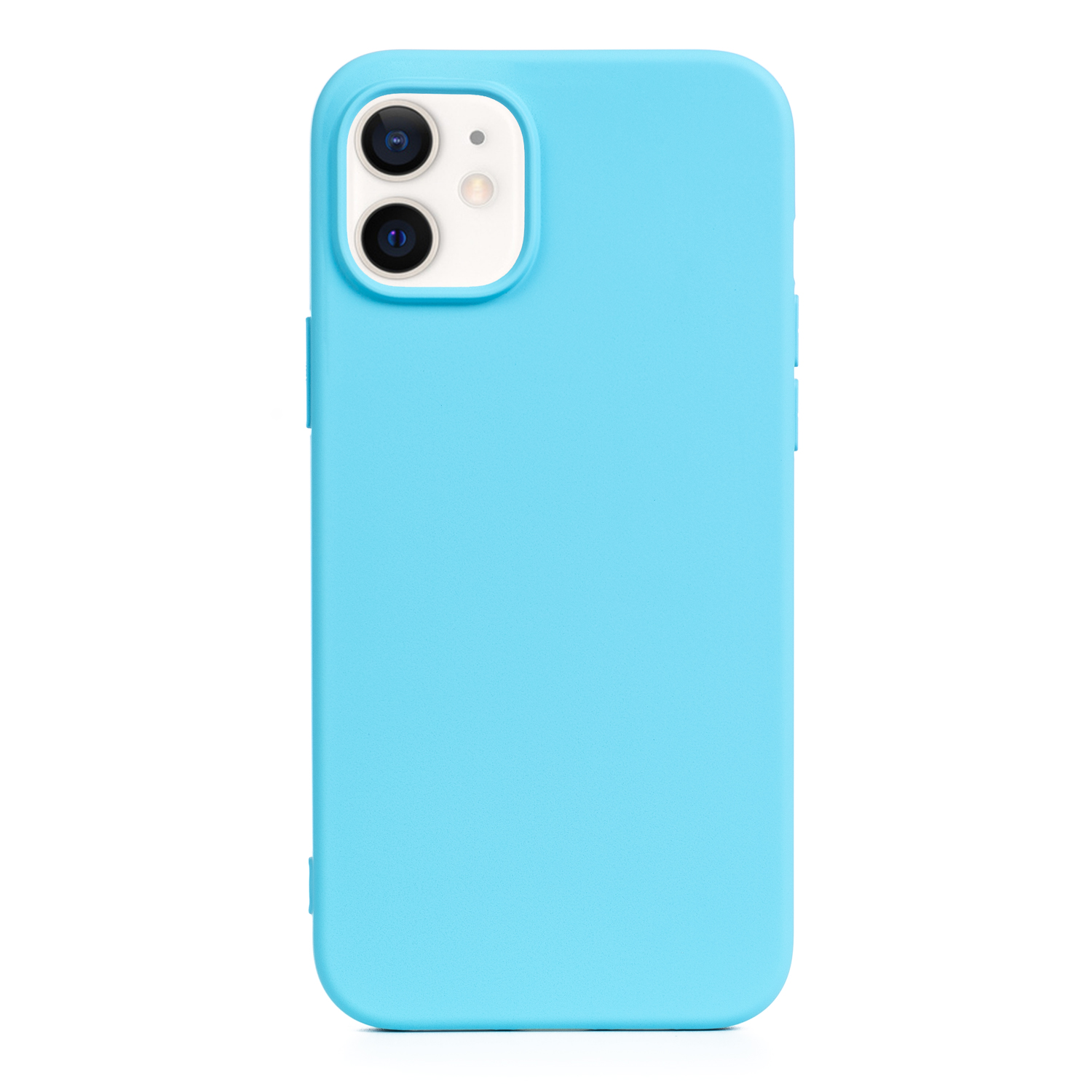Custodia blu per iPhone. Presenta una superficie liscia e due ritagli per la fotocamera. Sfondo bianco.