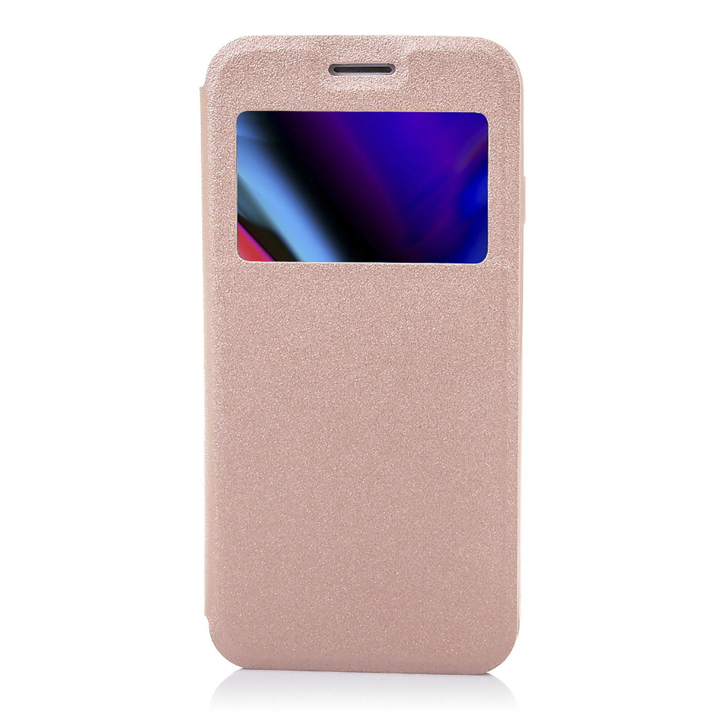 Una custodia rosa per telefono con una finestra di visualizzazione. Lo schermo all'interno mostra un'immagine sfocata e colorata.