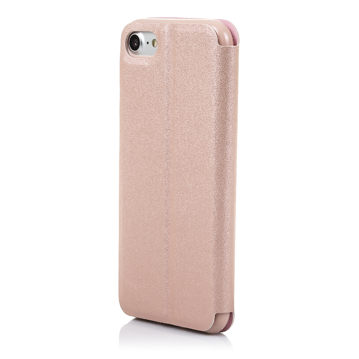 Una custodia per telefono rosa, chiusa. Ha una finitura liscia e strutturata.